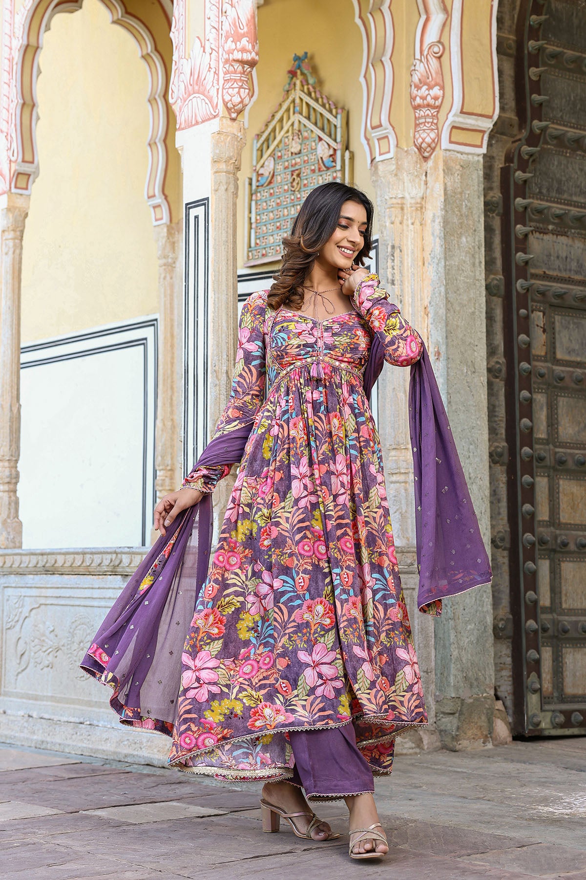 Purple Floral Viscose Crepe Printed Anarkali Suit