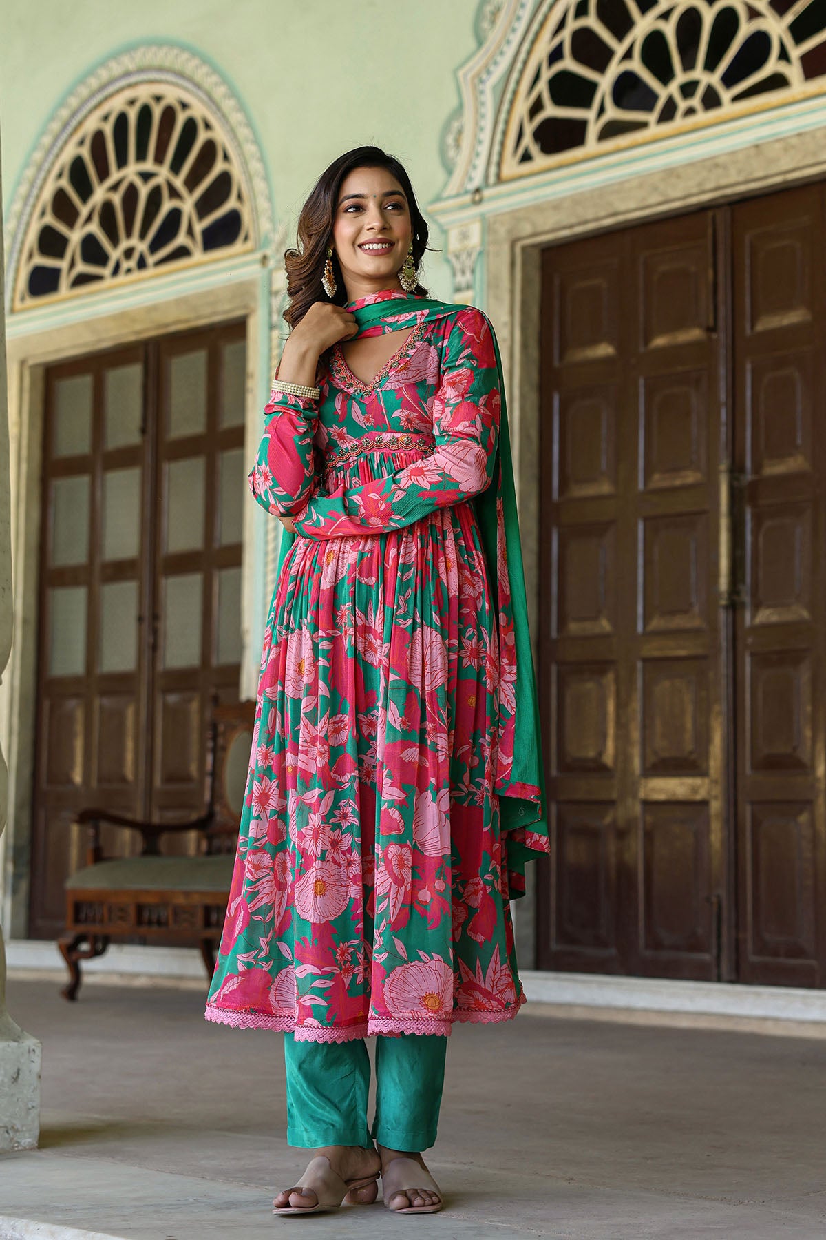 Pink Floral Chinon Handwork Anarkali Suit