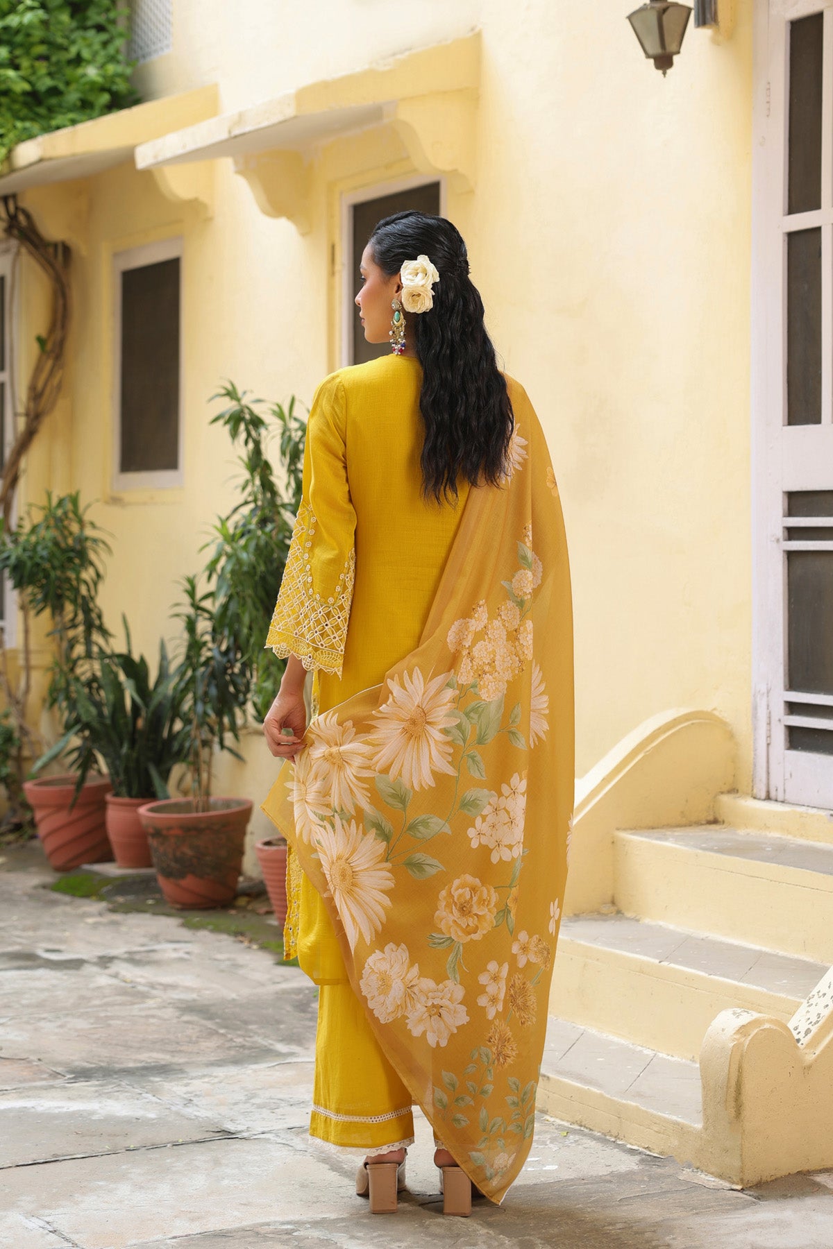 Mustard Yellow Mal Chanderi Embroidered Straight Suit Set With Dupatta