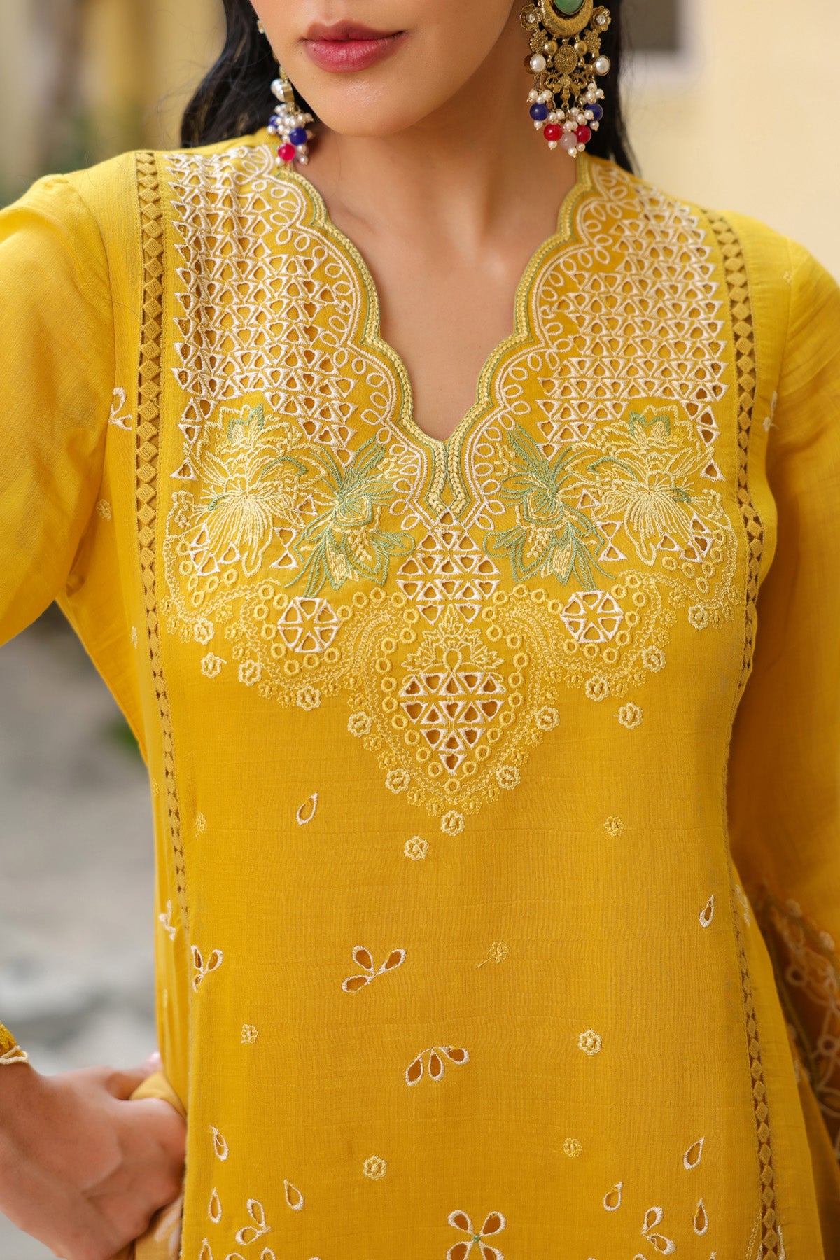 Mustard Yellow Mal Chanderi Embroidered Straight Suit Set With Dupatta