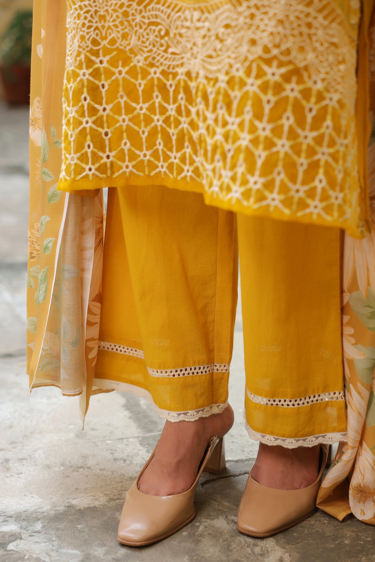 Mustard Yellow Mal Chanderi Embroidered Straight Suit Set With Dupatta