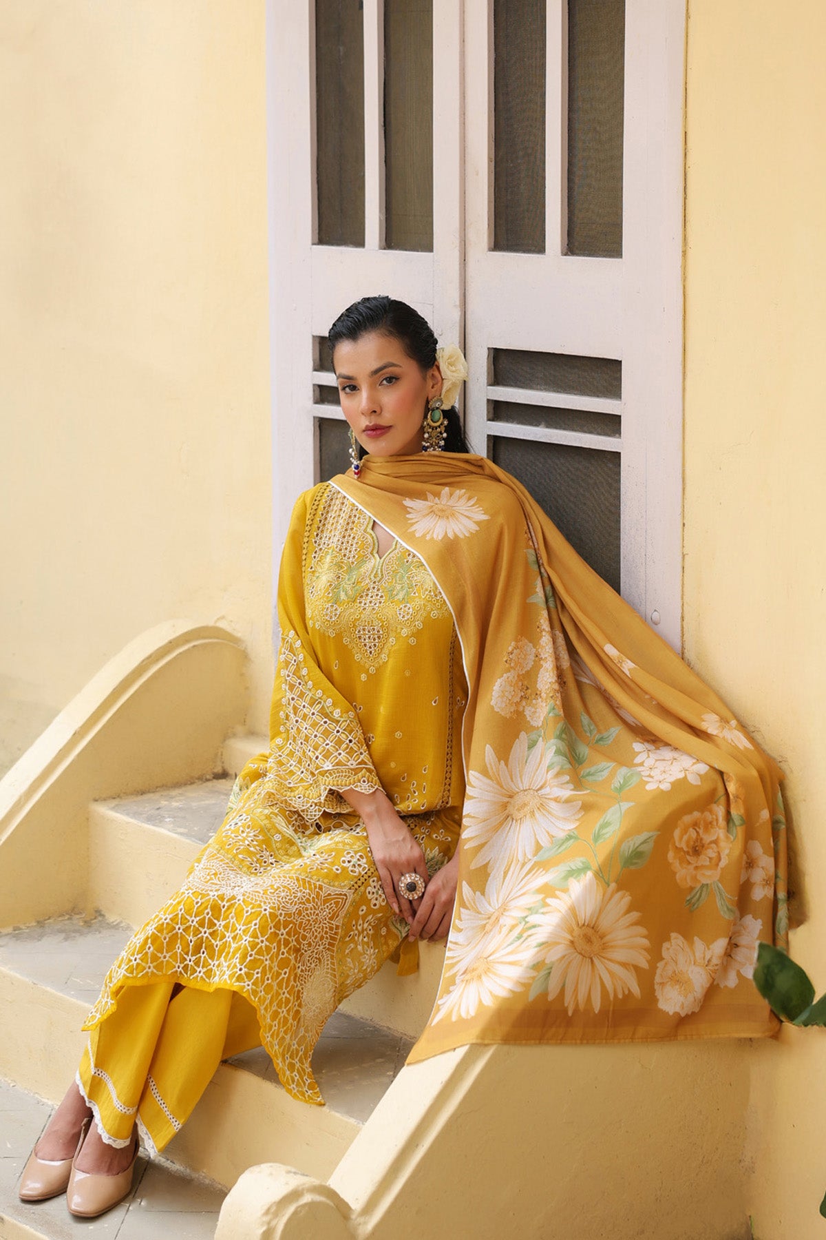 Mustard Yellow Mal Chanderi Embroidered Straight Suit Set With Dupatta