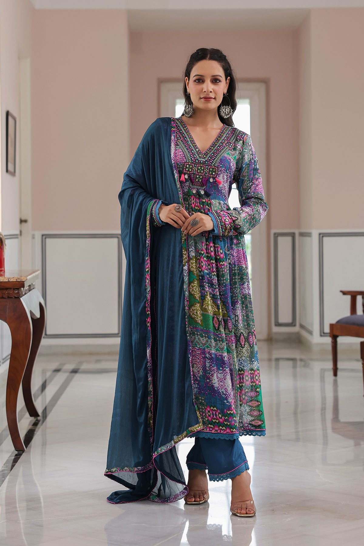 Blue Multicolor Chinon Embroidered Anarkali Suit