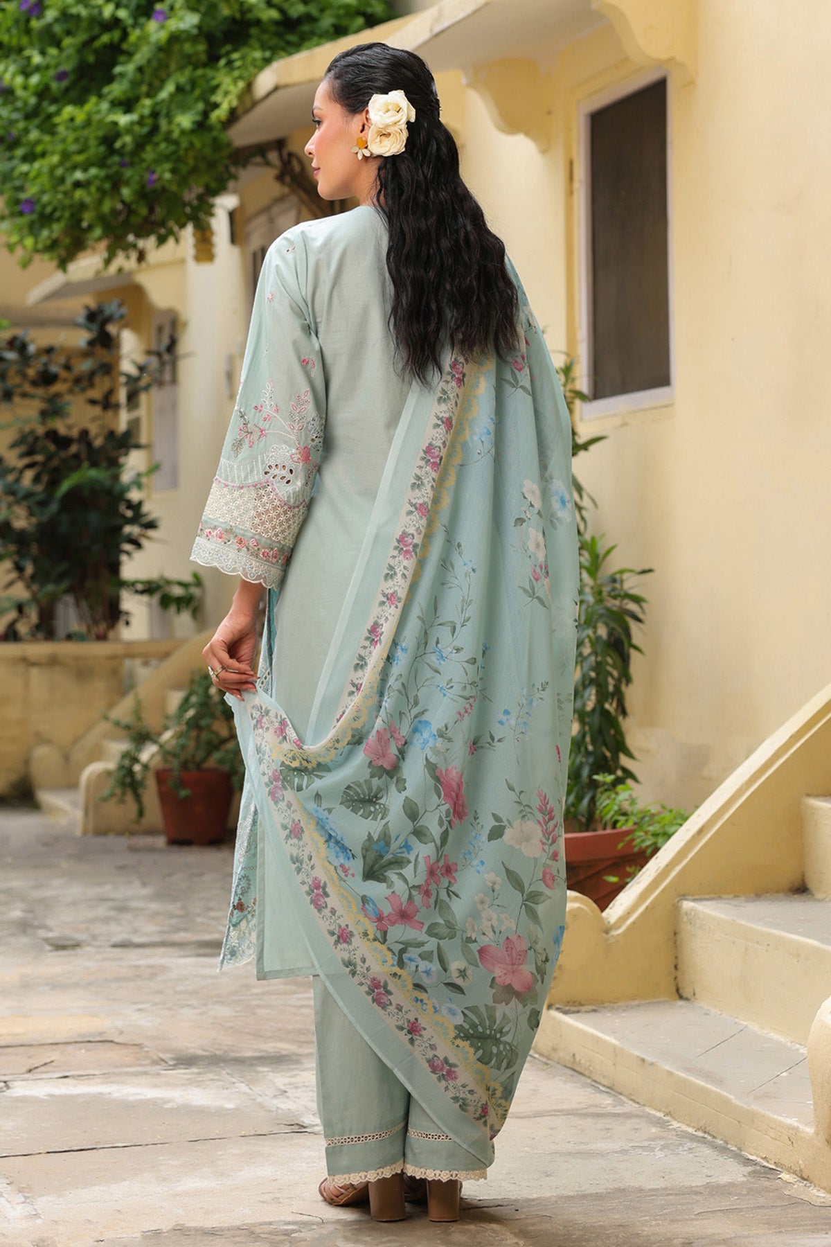 Pistachio Green Cotton Embroidered Straight Suit Set With Dupatta