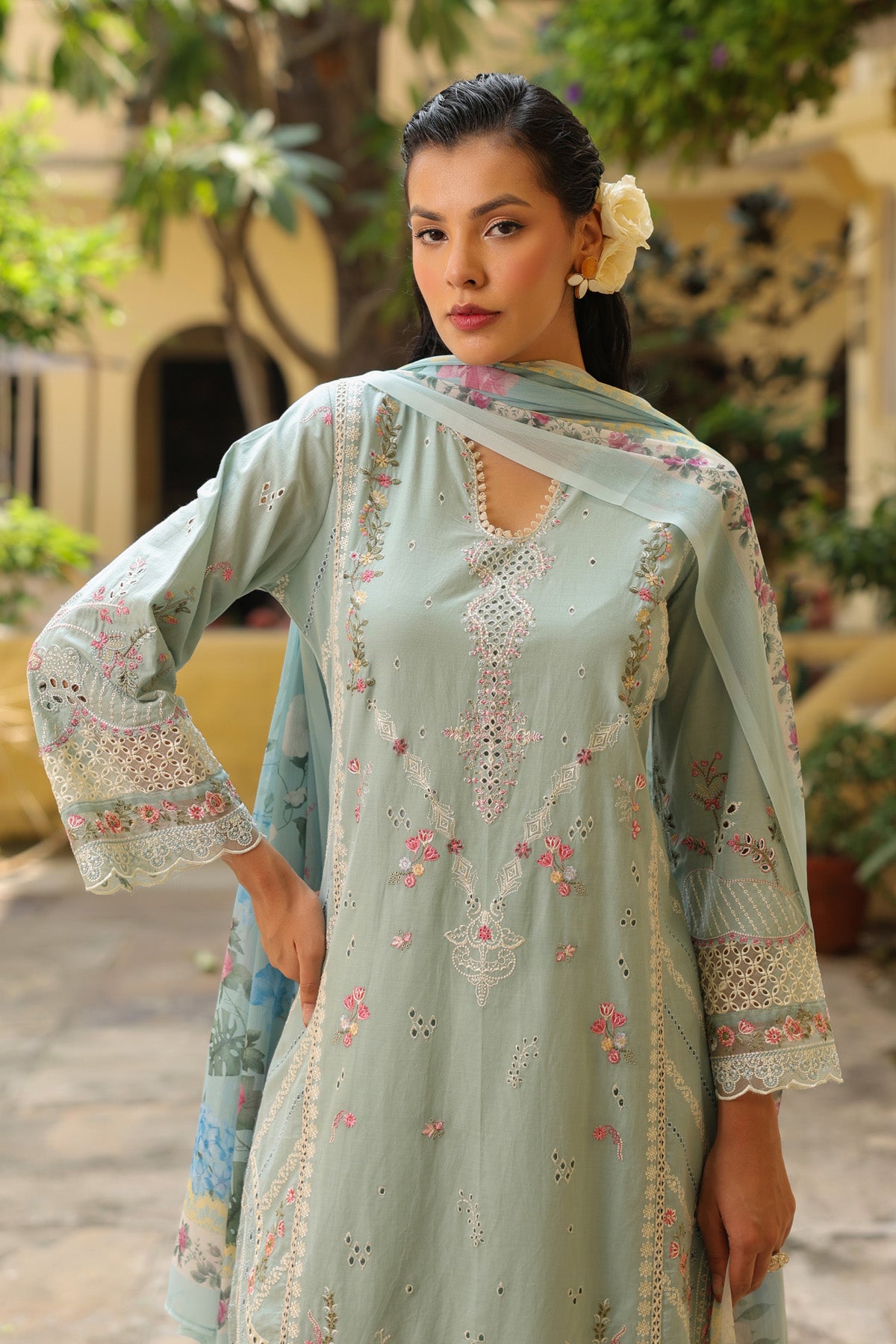 Pistachio Green Cotton Embroidered Straight Suit Set With Dupatta