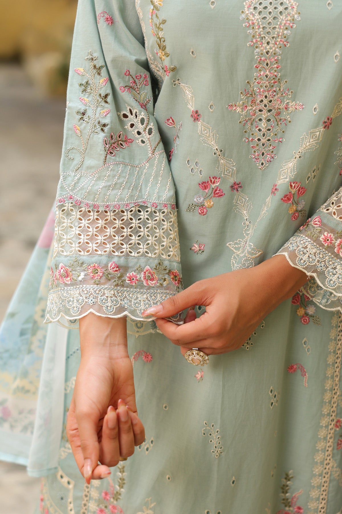 Pistachio Green Cotton Embroidered Straight Suit Set With Dupatta