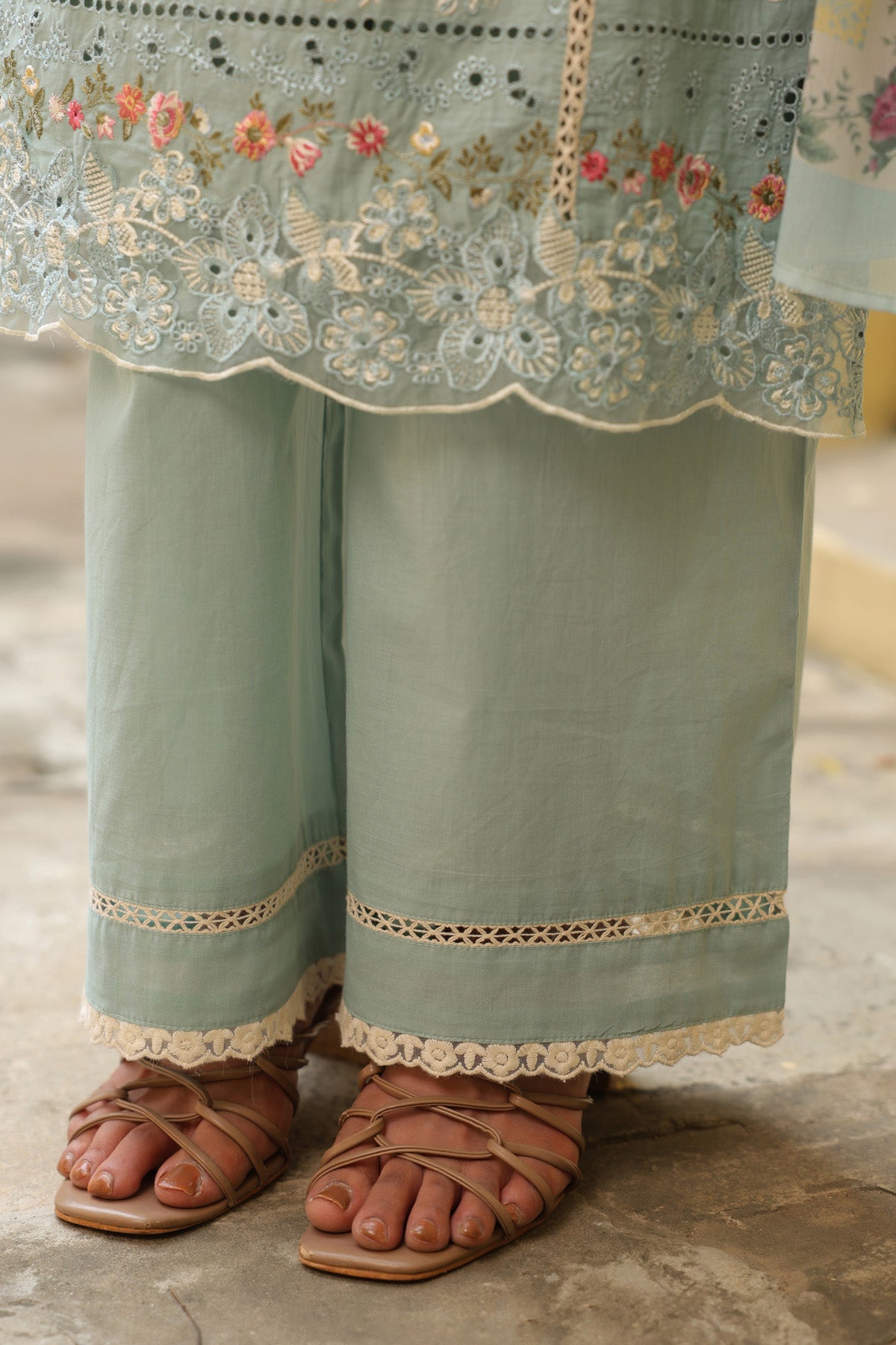 Pistachio Green Cotton Embroidered Straight Suit Set With Dupatta
