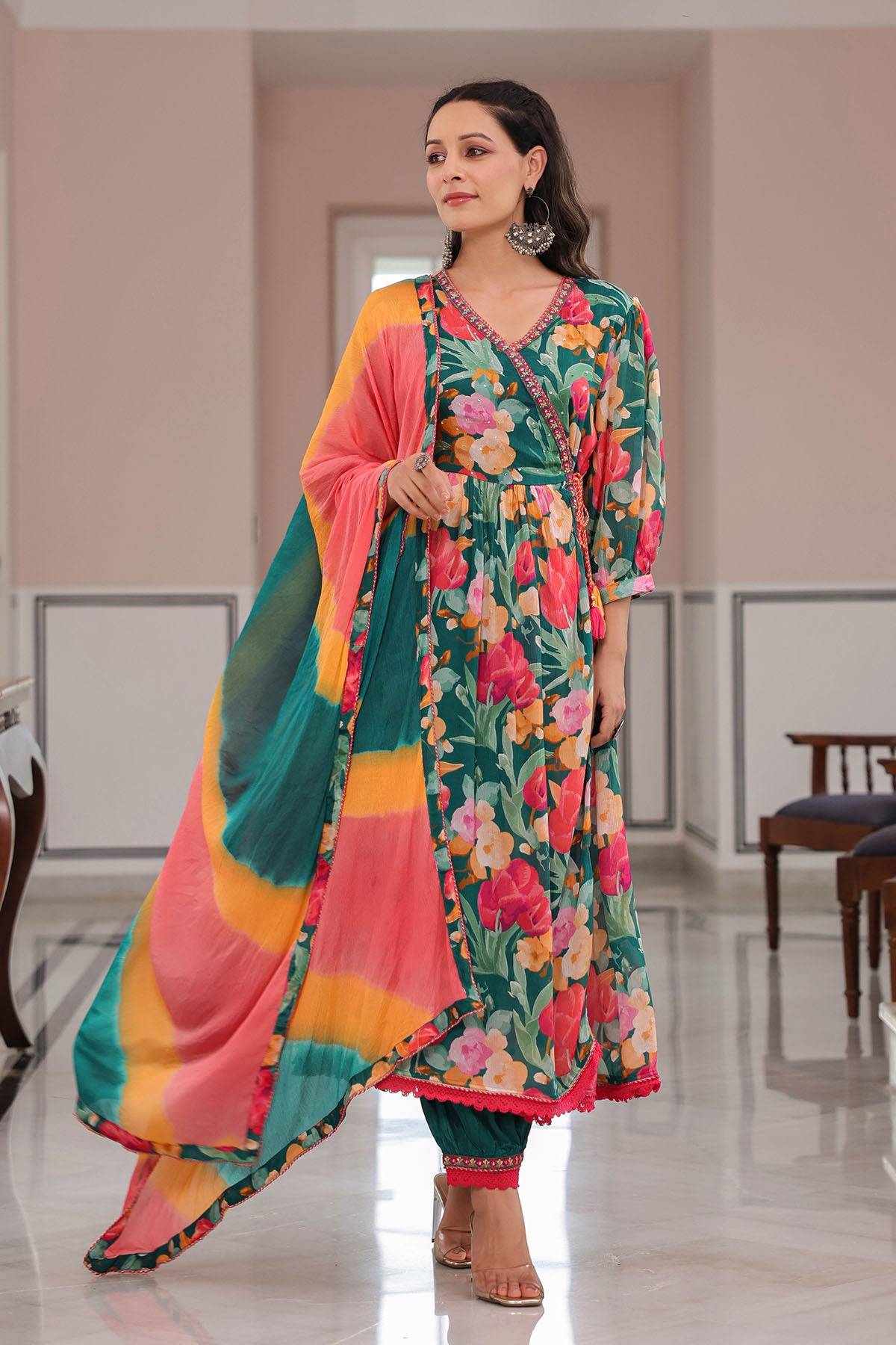 Green Floral Embroidered Anarkali Suit