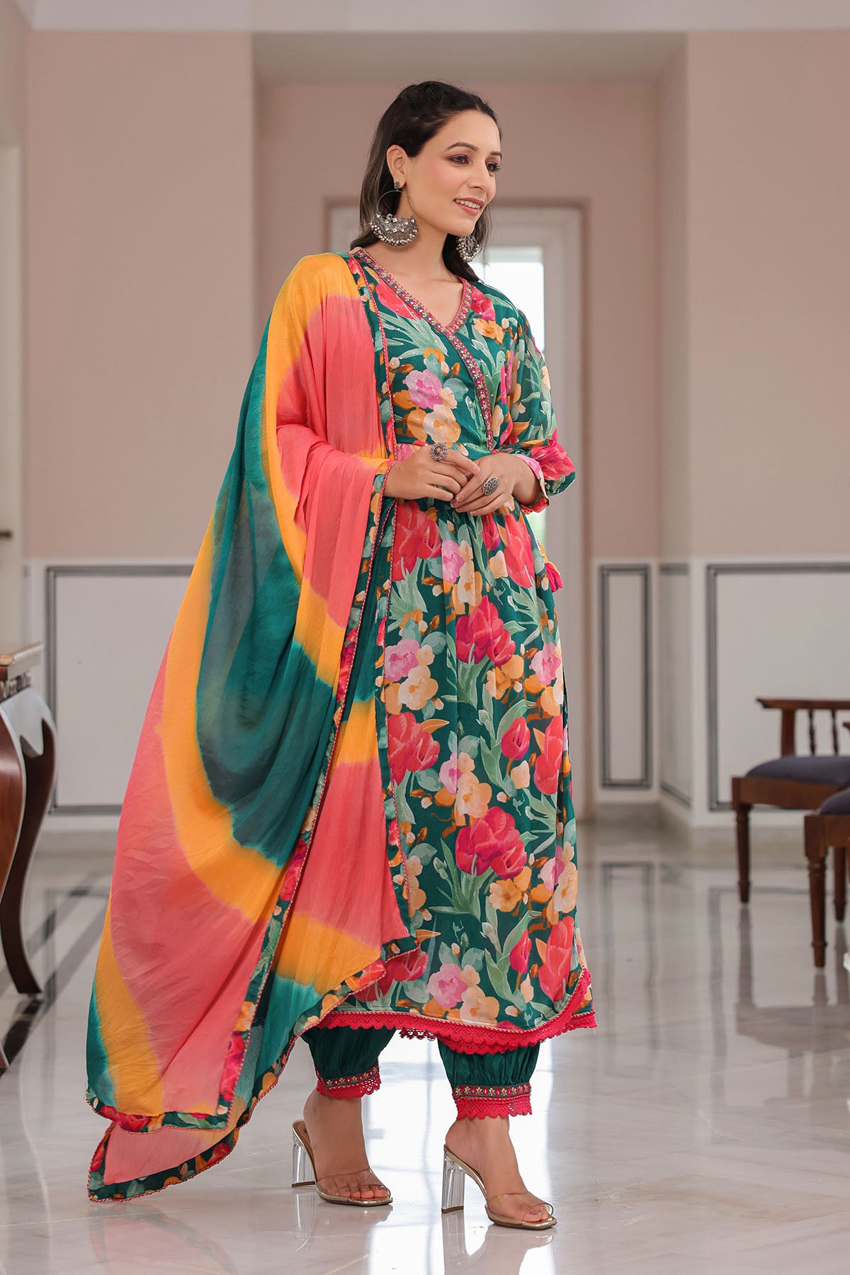 Green Floral Embroidered Anarkali Suit