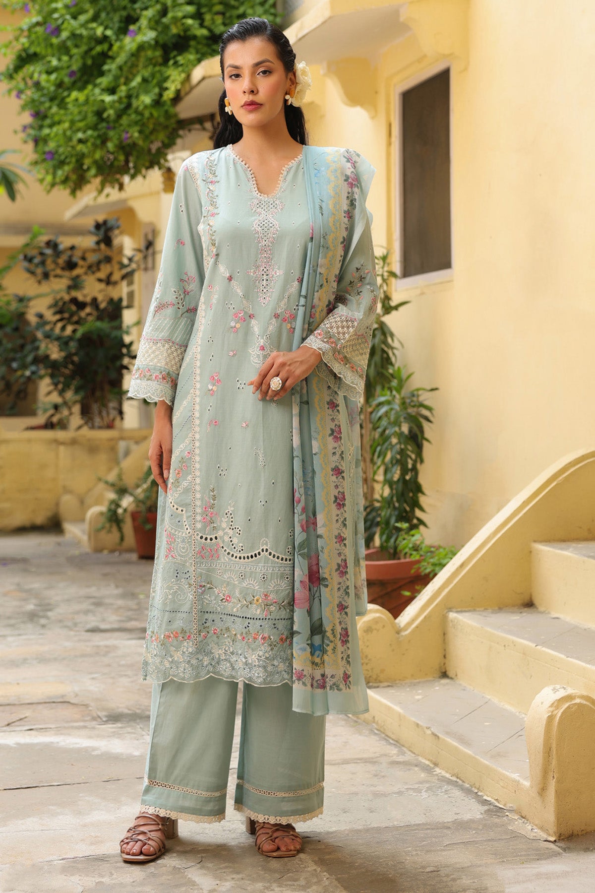 Pistachio Green Cotton Embroidered Straight Suit Set With Dupatta