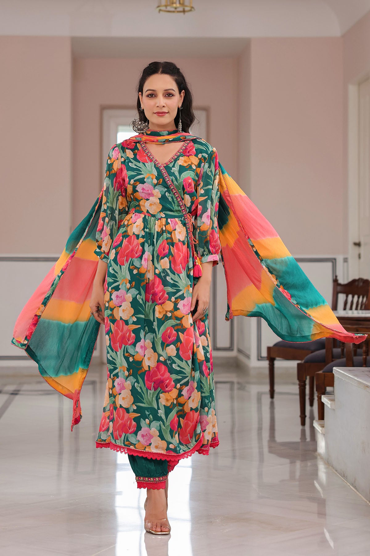 Green Floral Embroidered Anarkali Suit