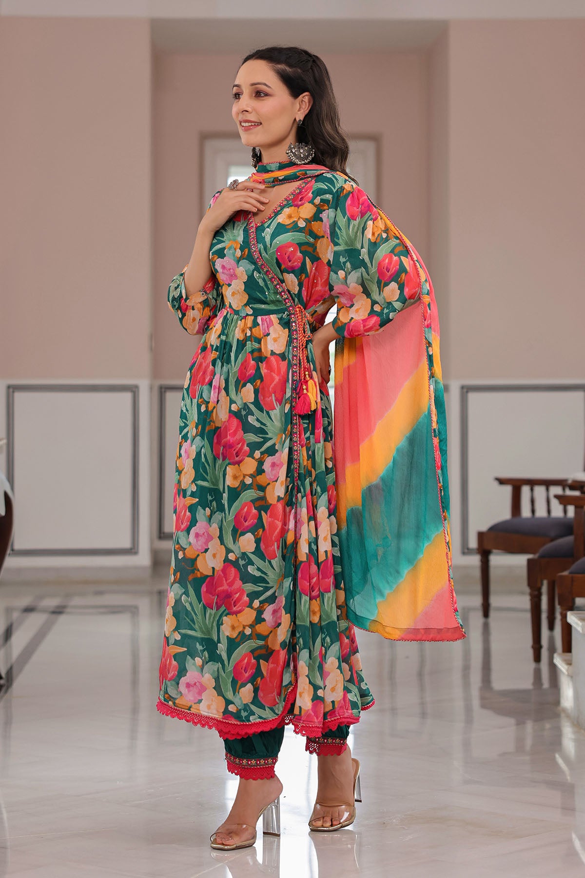 Green Floral Embroidered Anarkali Suit