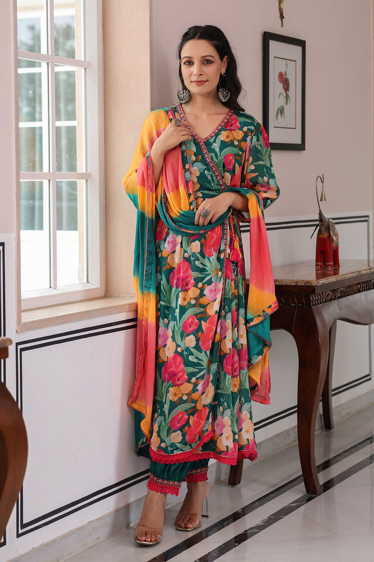 Green Floral Embroidered Anarkali Suit