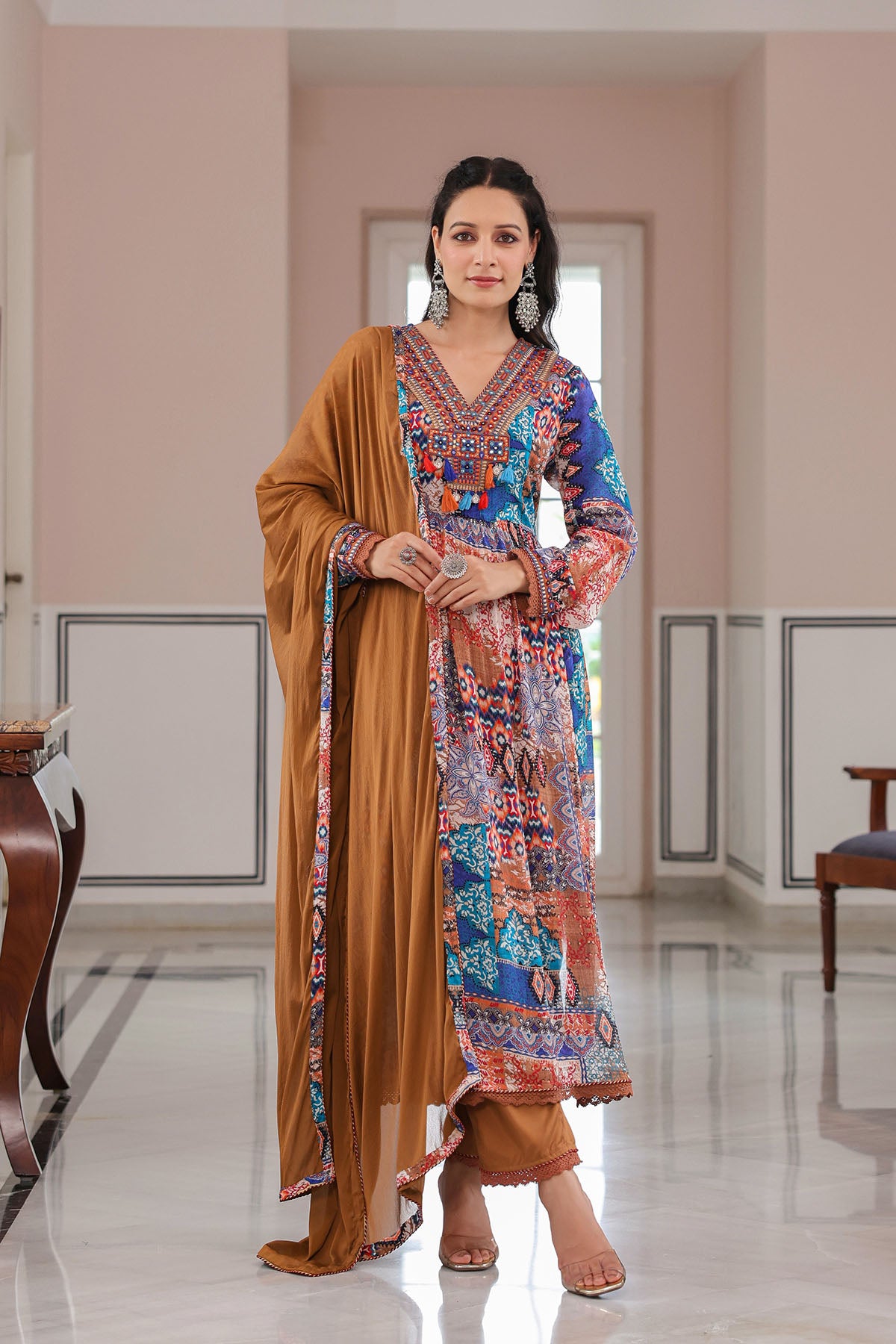 Brown Multicolor Chinon Embroidered Anarkali Suit