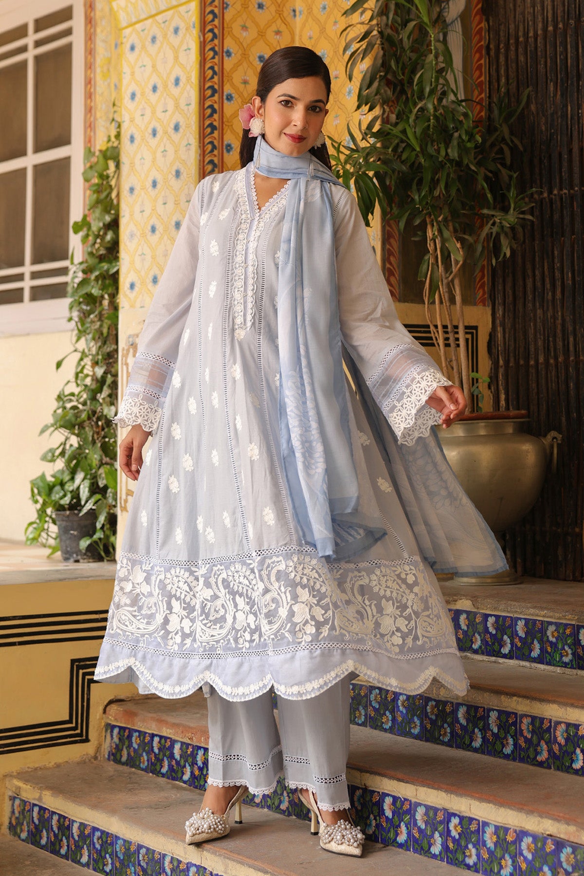 Powder Blue Mal Cotton Embroidered Anarkali Suit Set With Dupatta