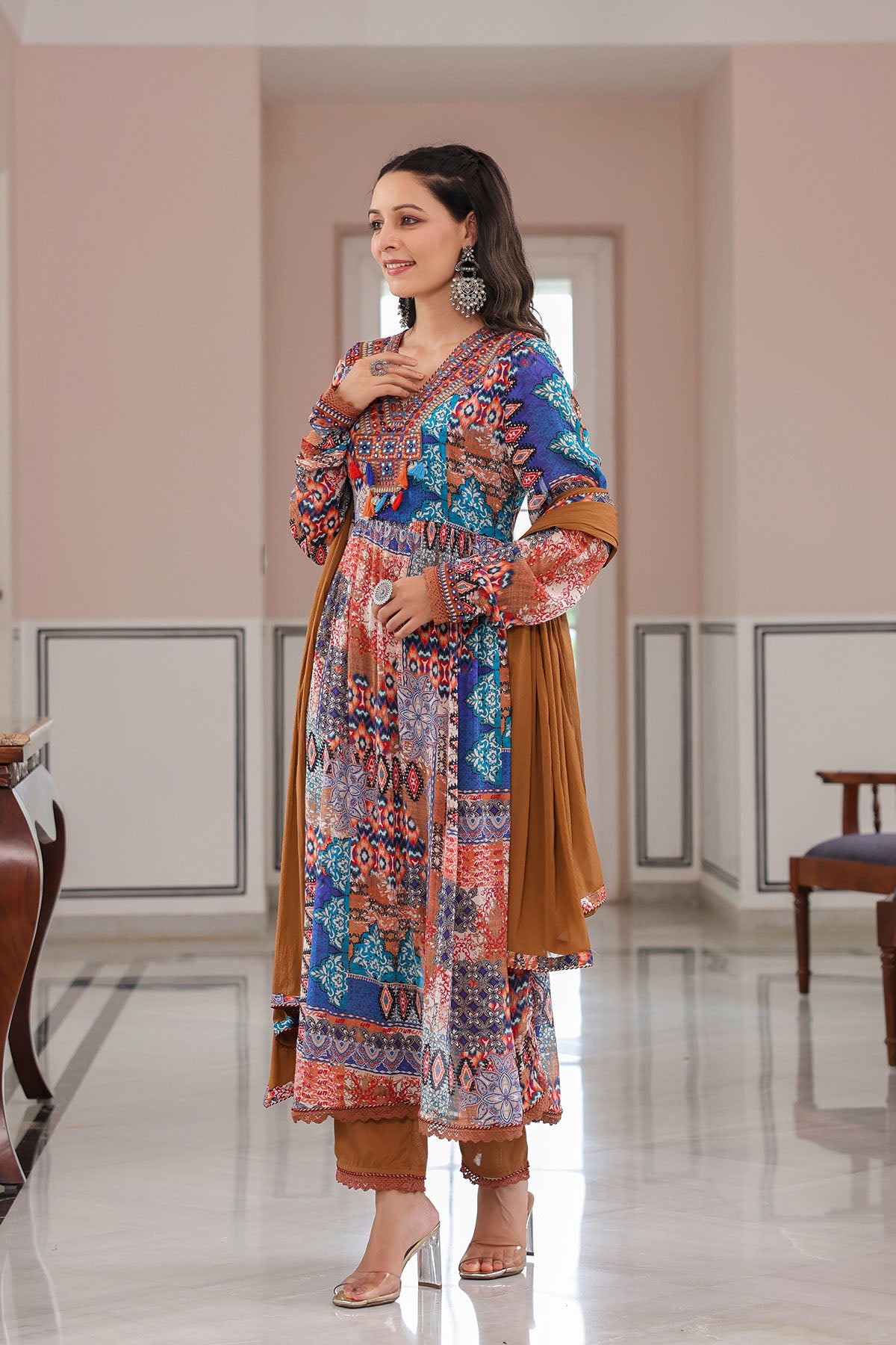 Brown Multicolor Chinon Embroidered Anarkali Suit