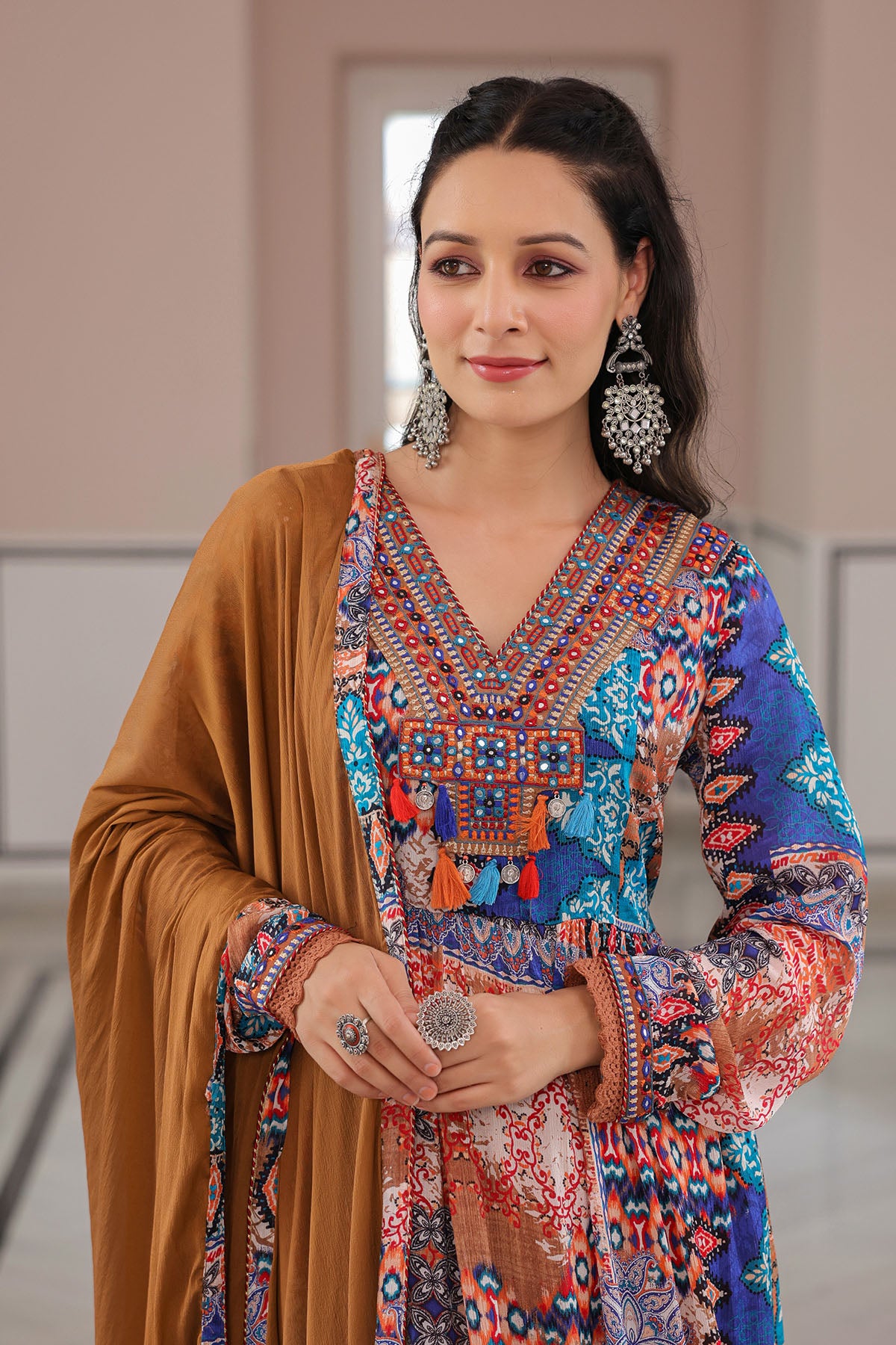 Brown Multicolor Chinon Embroidered Anarkali Suit