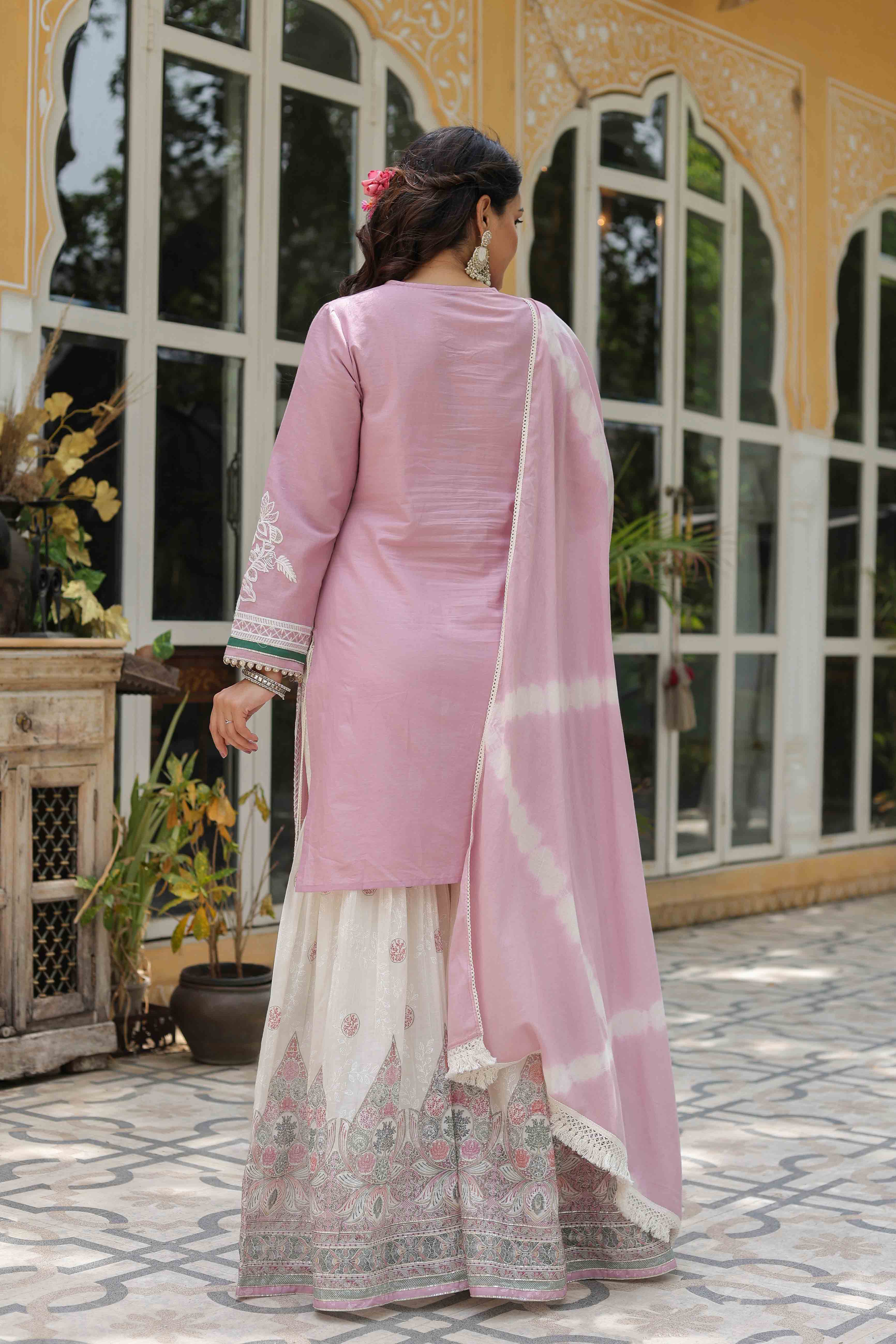 Pink Cotton Embroidered Sharara Set