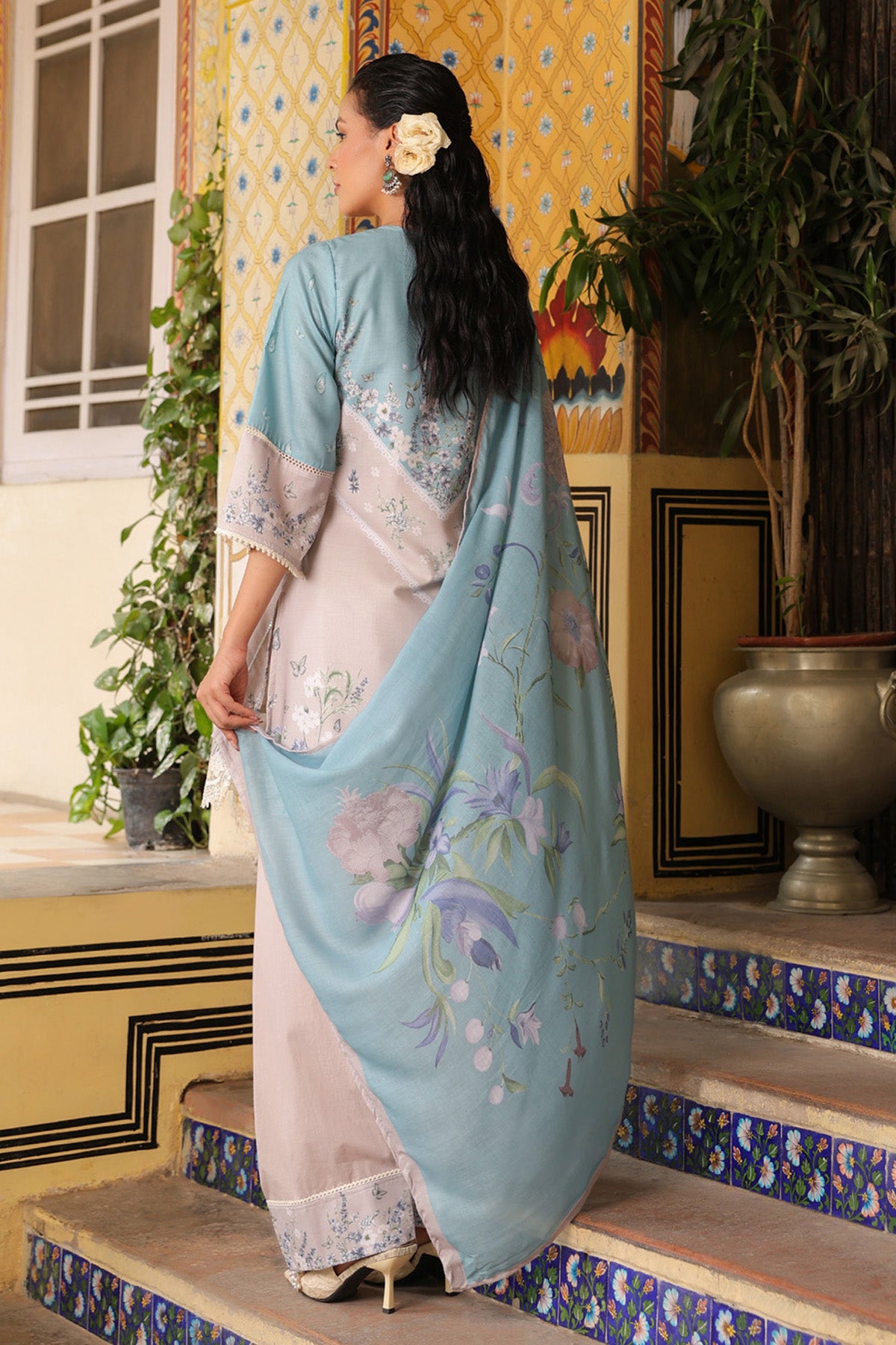 Blue Cotton Embroidered Farshi Suit Set With Dupatta