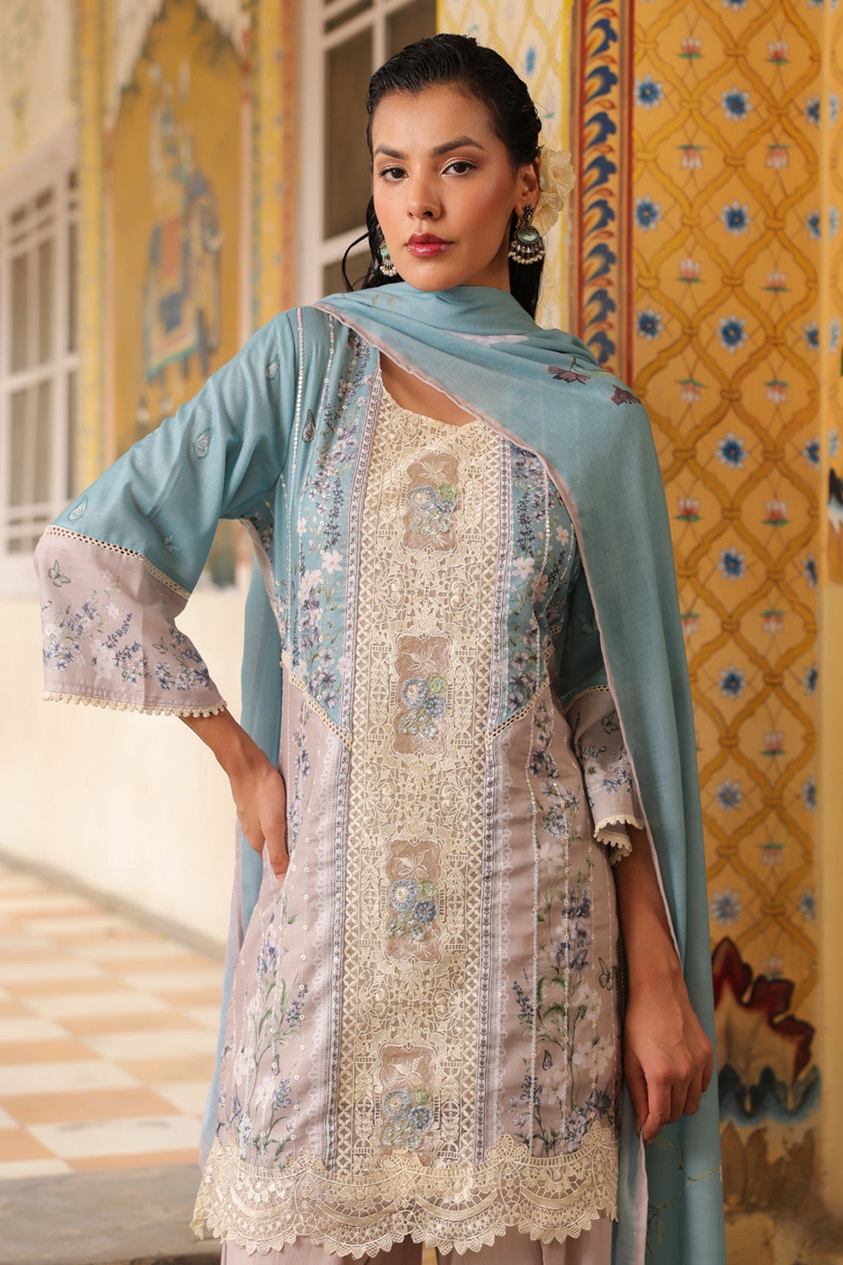 Blue Cotton Embroidered Farshi Suit Set With Dupatta