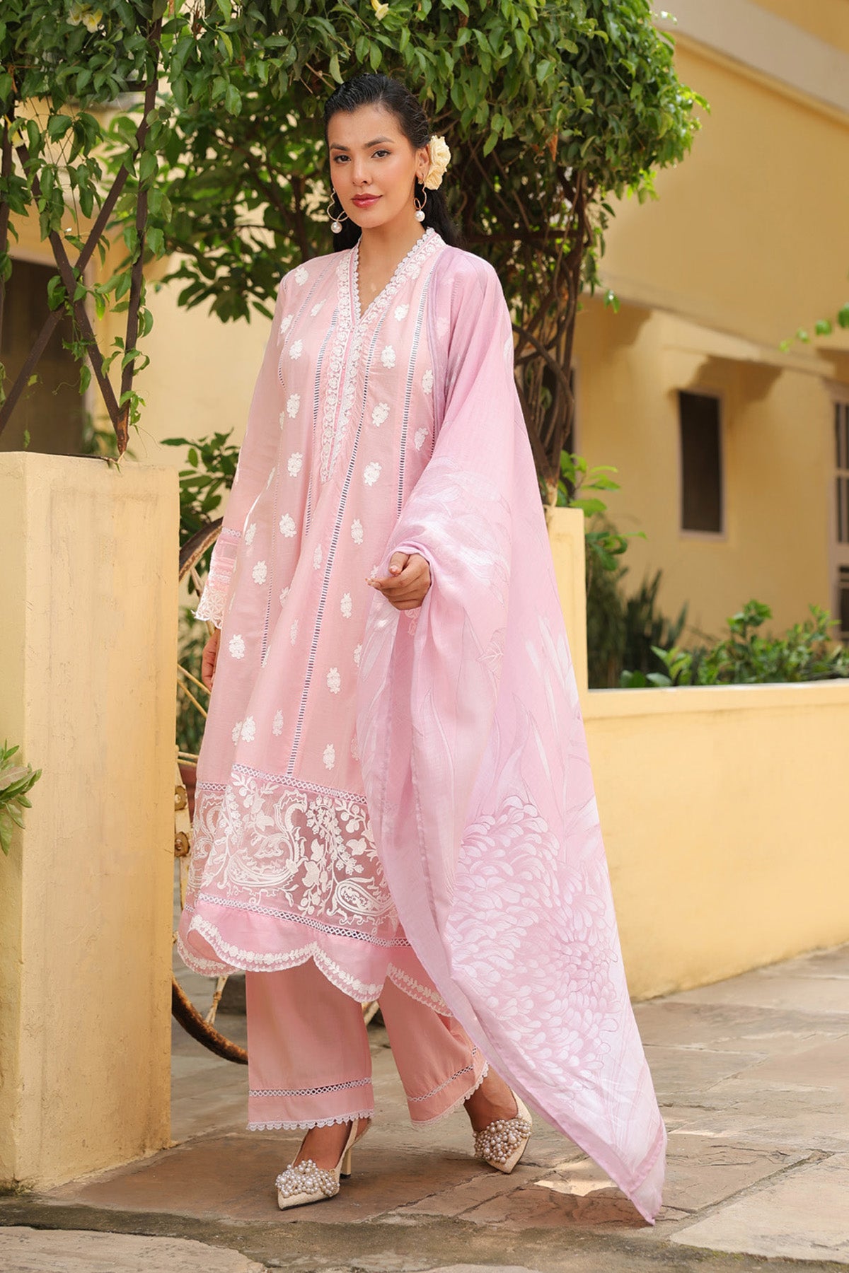 Pastel Pink Mal Cotton Embroidered Anarkali Suit Set With Dupatta