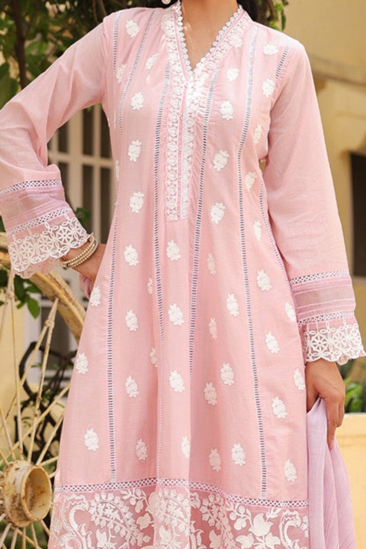 Pastel Pink Mal Cotton Embroidered Anarkali Suit Set With Dupatta