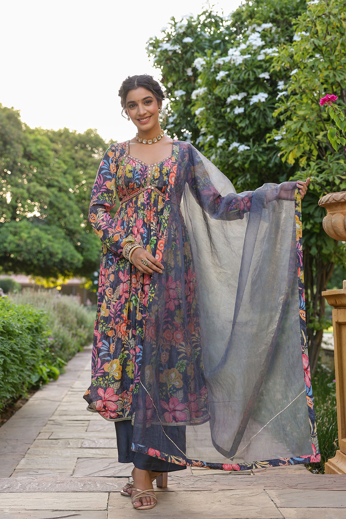 Grey Floral Viscose Crepe Anarkali Suit