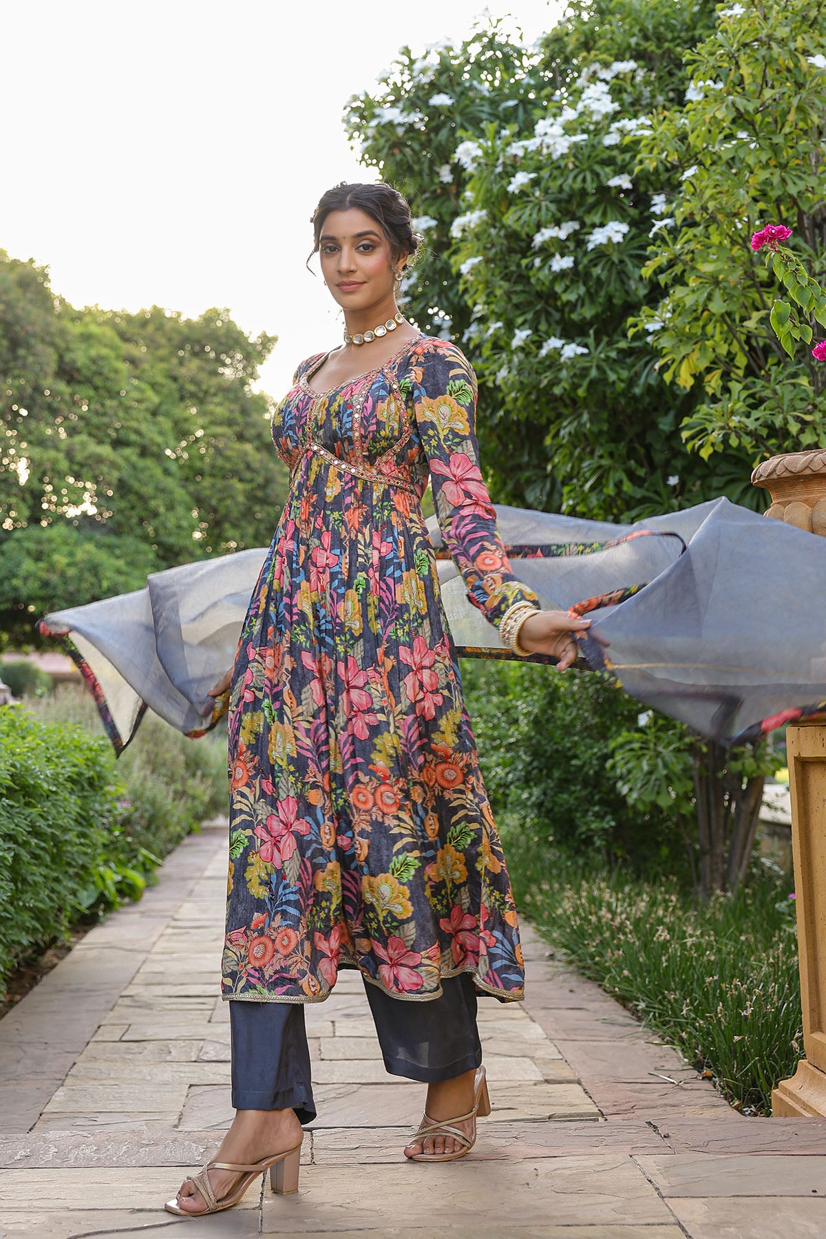 Grey Floral Viscose Crepe Anarkali Suit