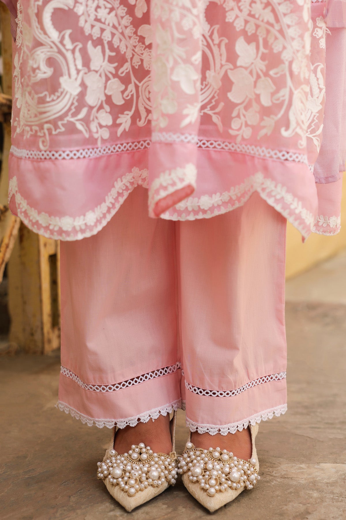 Pastel Pink Mal Cotton Embroidered Anarkali Suit Set With Dupatta