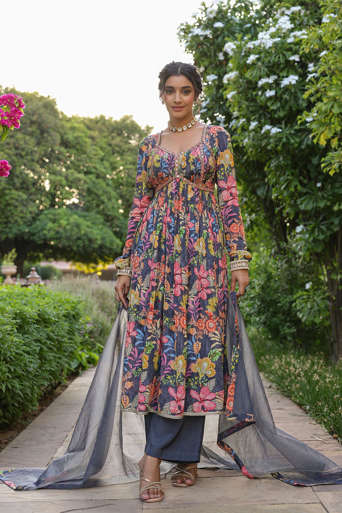 Grey Floral Viscose Crepe Anarkali Suit