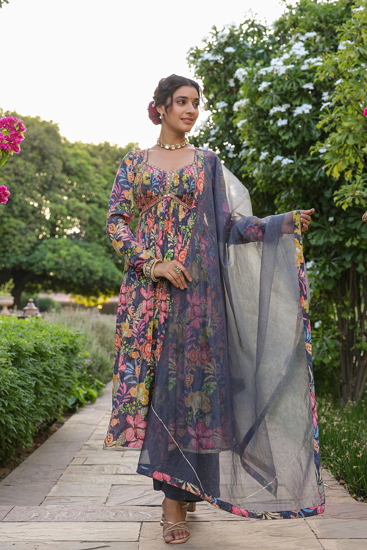 Grey Floral Viscose Crepe Anarkali Suit