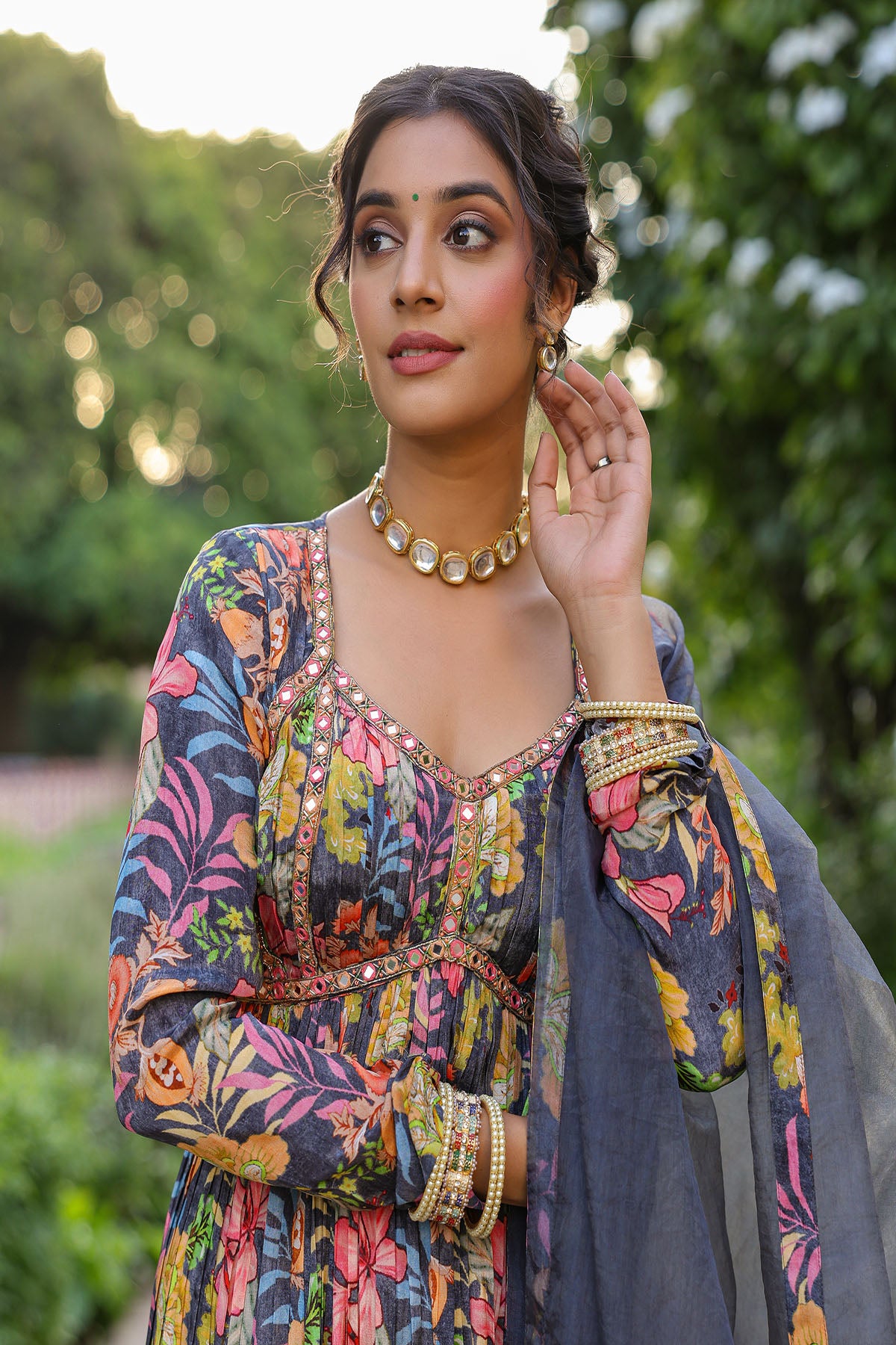 Grey Floral Viscose Crepe Anarkali Suit