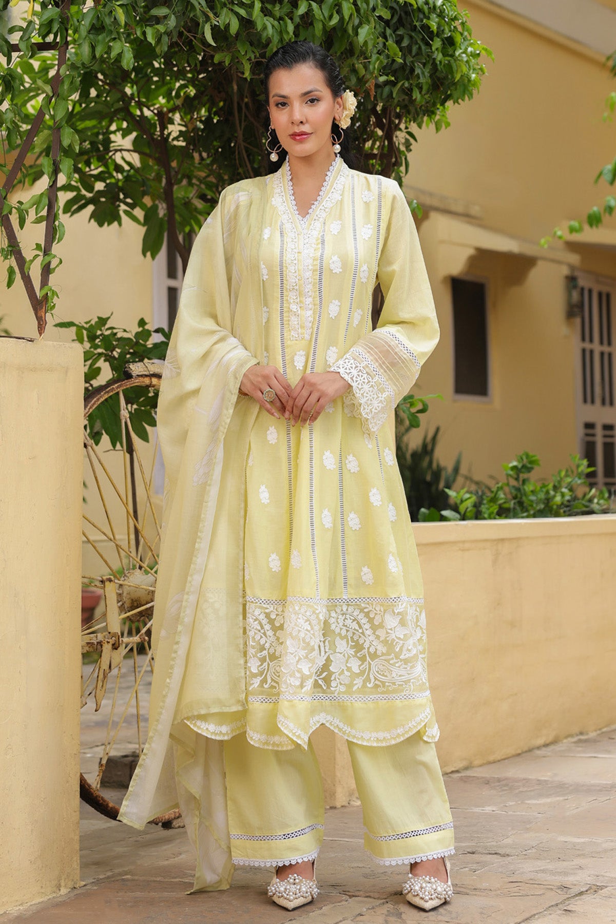 Pastel Yellow Mal Cotton Embroidered Anarkali Suit Set With Dupatta