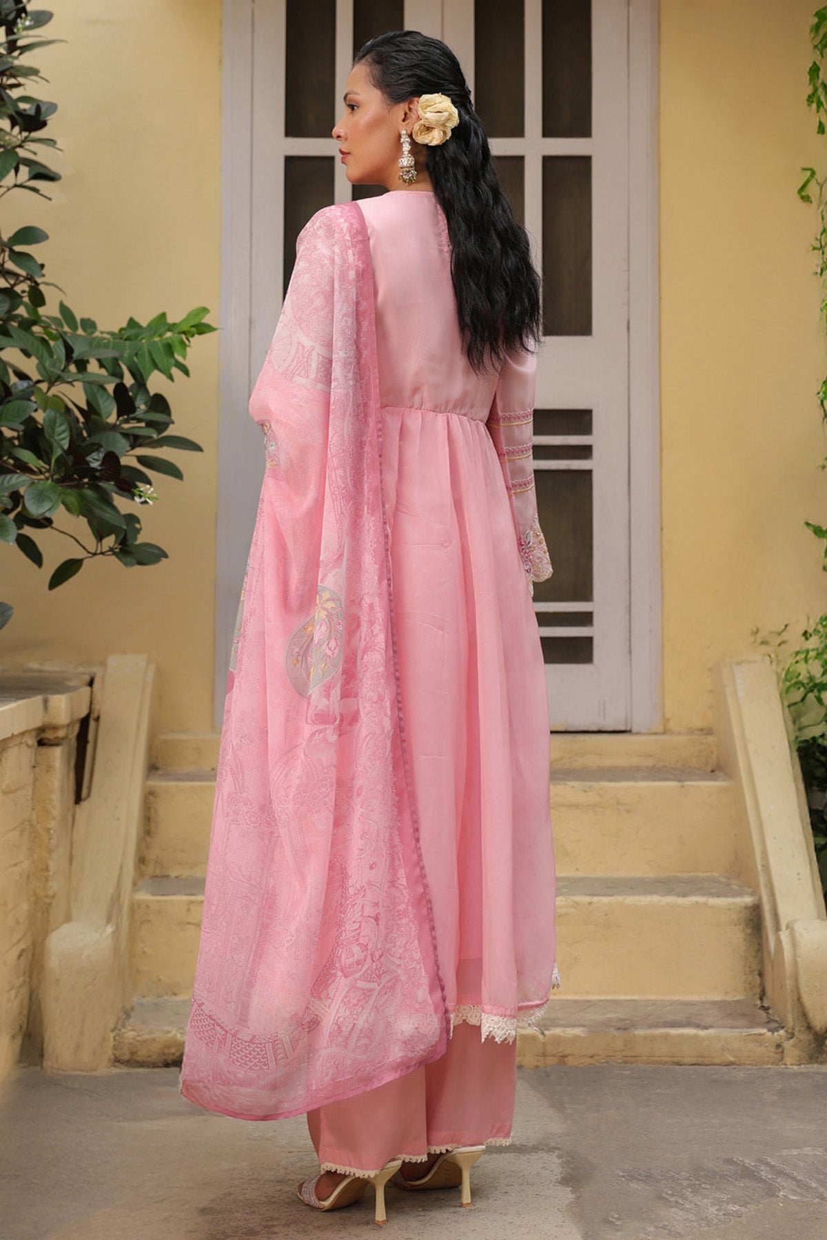 Dusty Pink Organza Embroidered Anarkali Suit Set With Dupatta