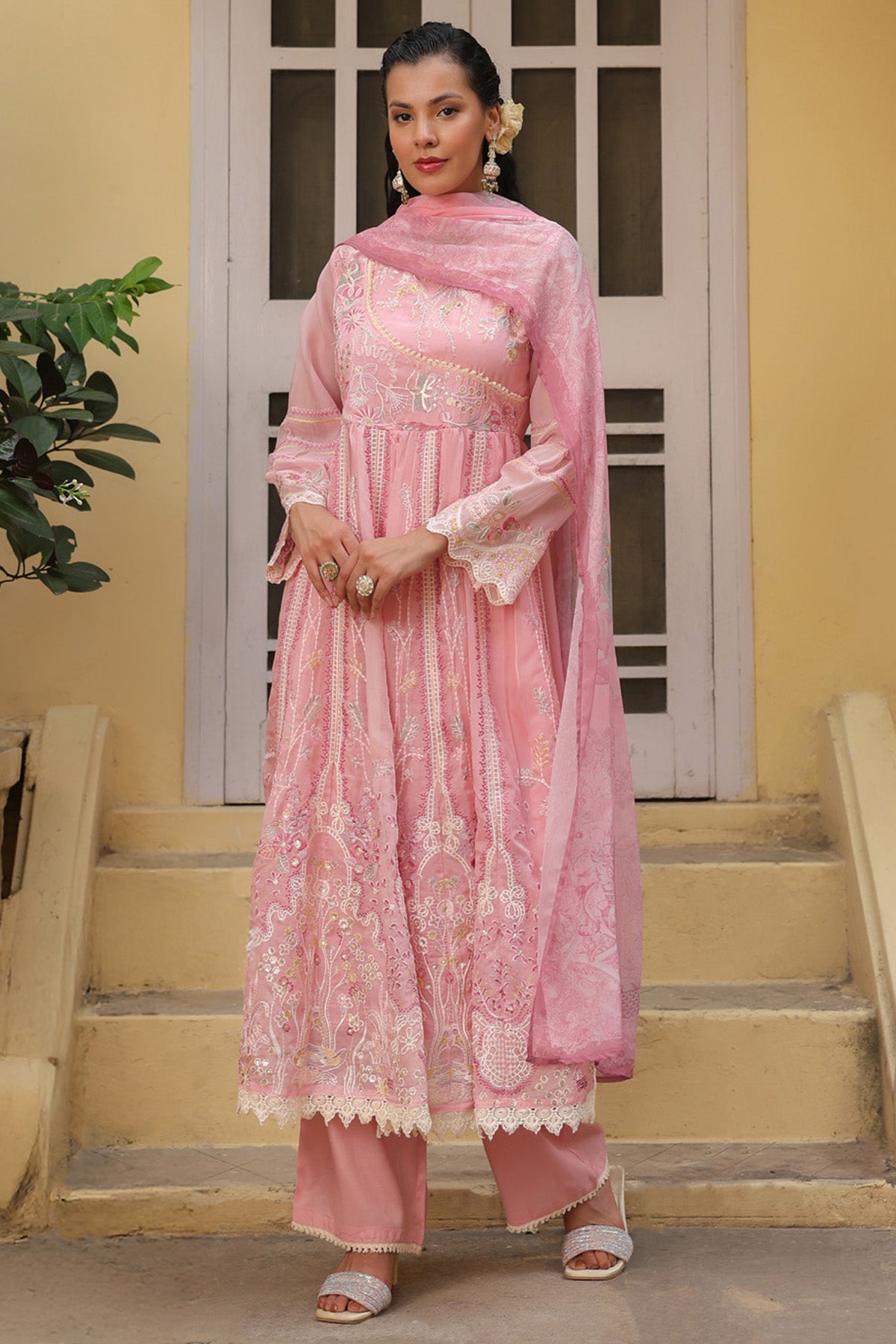 Dusty Pink Organza Embroidered Anarkali Suit Set With Dupatta