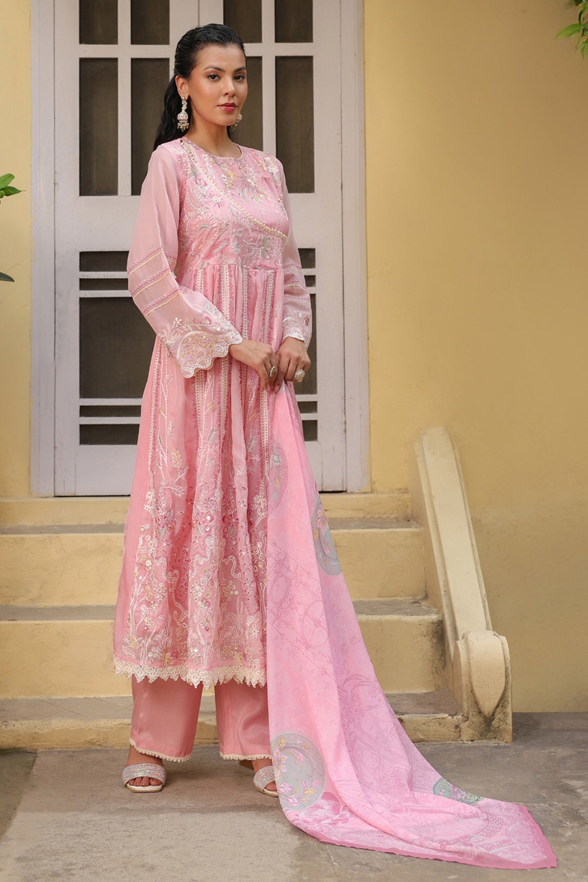 Dusty Pink Organza Embroidered Anarkali Suit Set With Dupatta