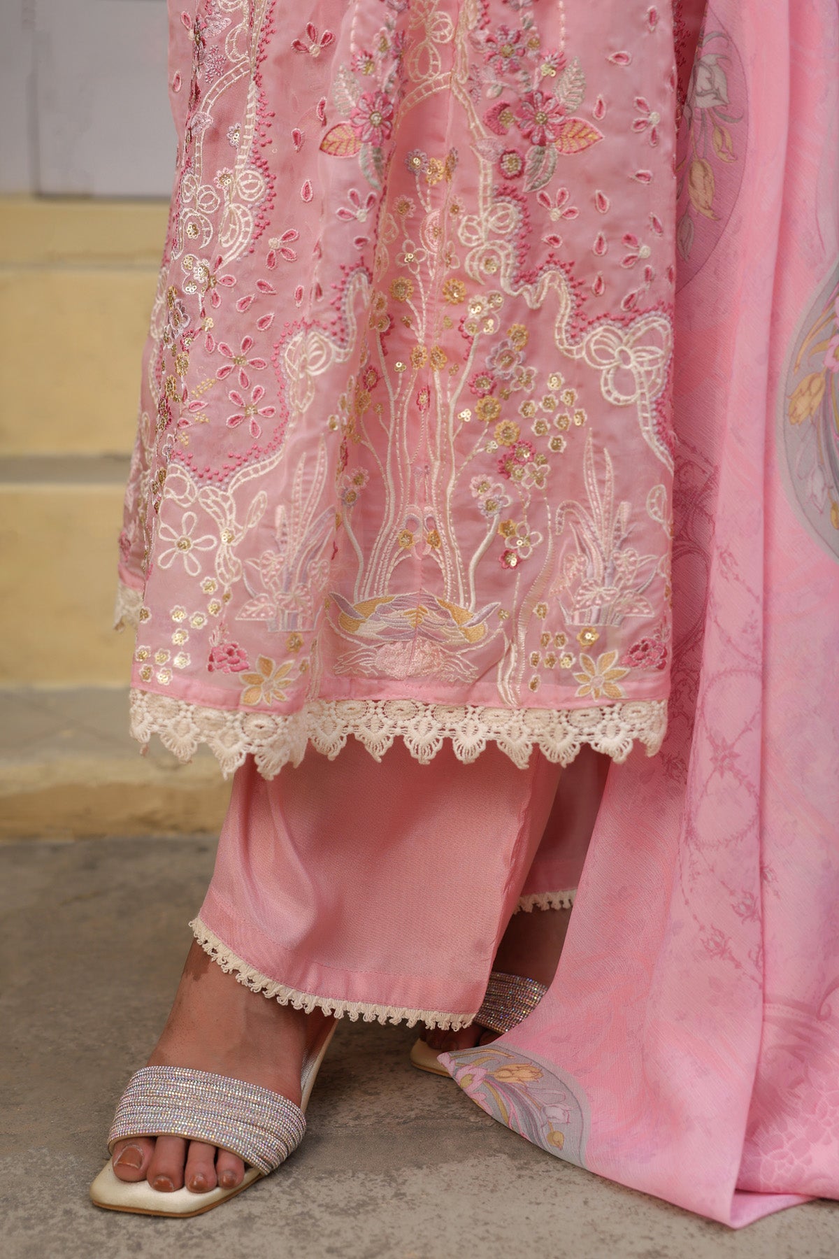 Dusty Pink Organza Embroidered Anarkali Suit Set With Dupatta