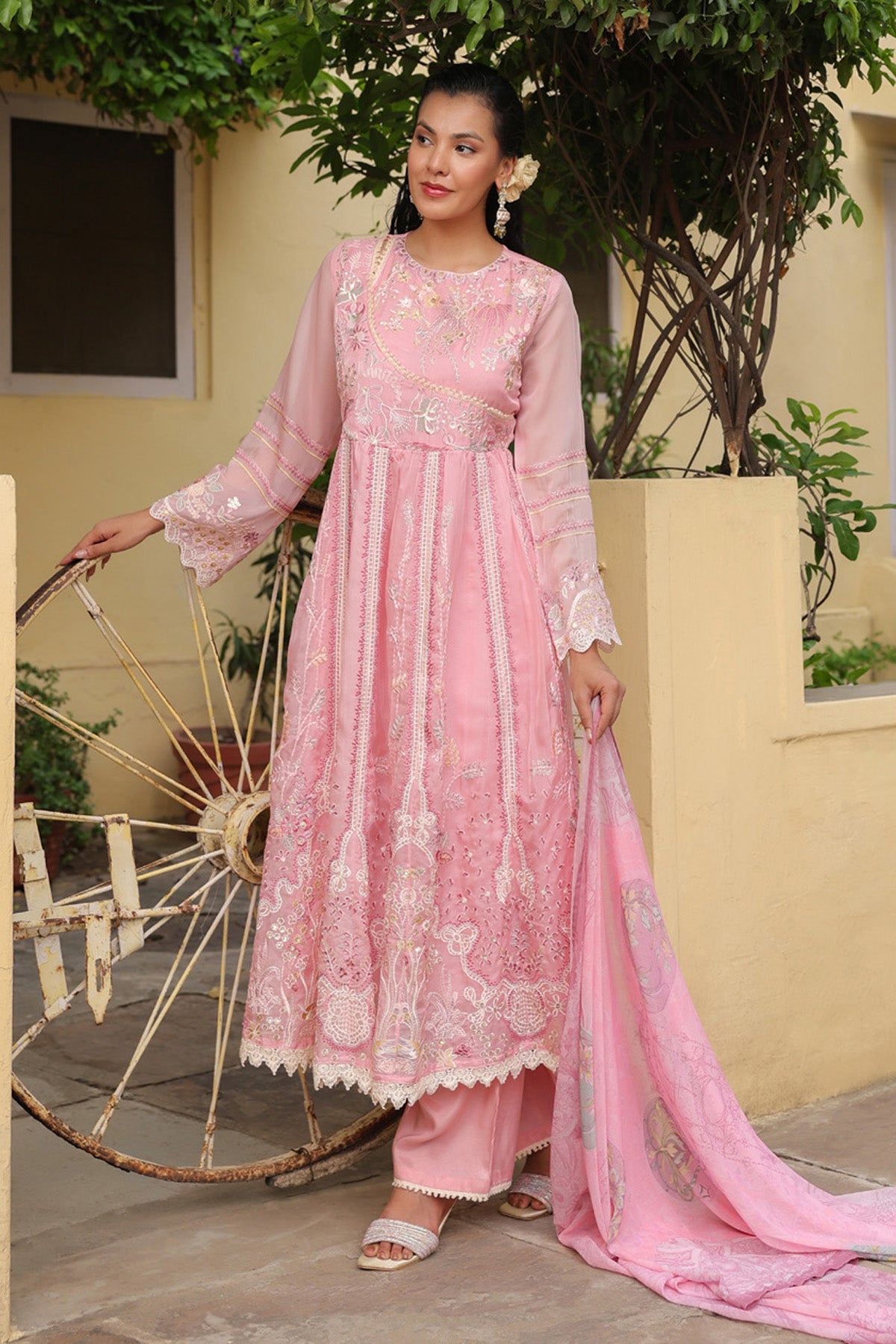 Dusty Pink Organza Embroidered Anarkali Suit Set With Dupatta