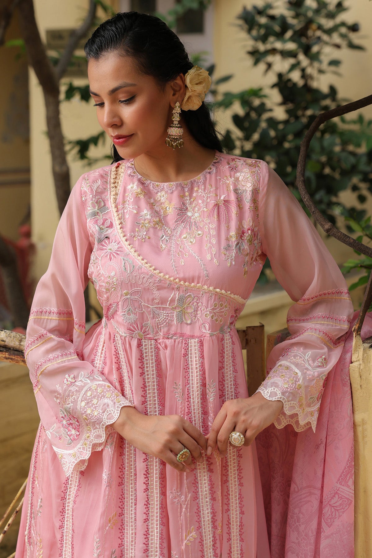 Dusty Pink Organza Embroidered Anarkali Suit Set With Dupatta