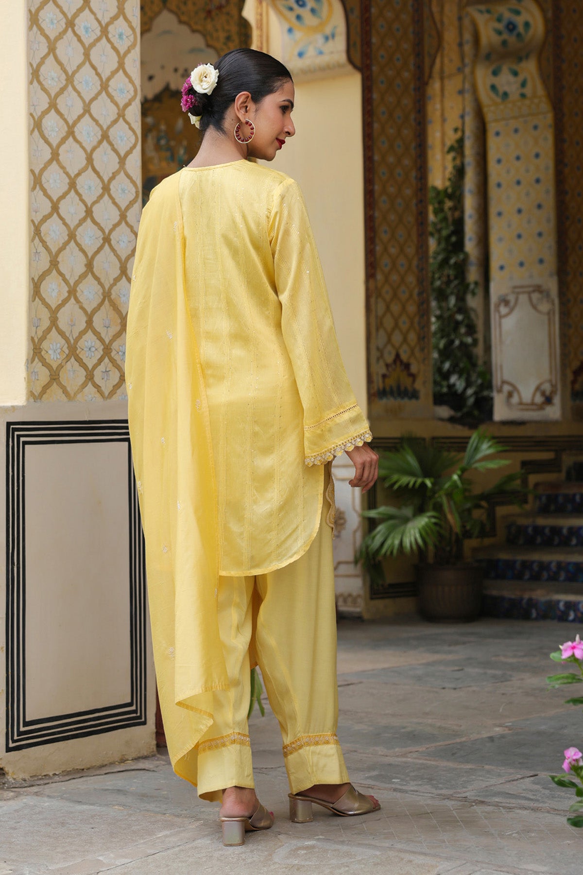 Pastel Yellow Chanderi Embroidered Farshi Suit Set With Dupatta