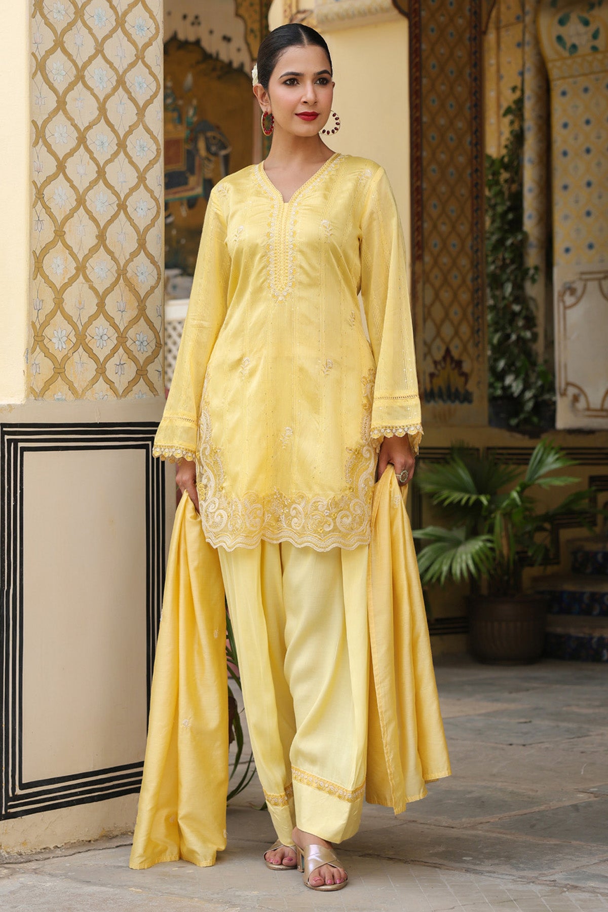 Pastel Yellow Chanderi Embroidered Farshi Suit Set With Dupatta