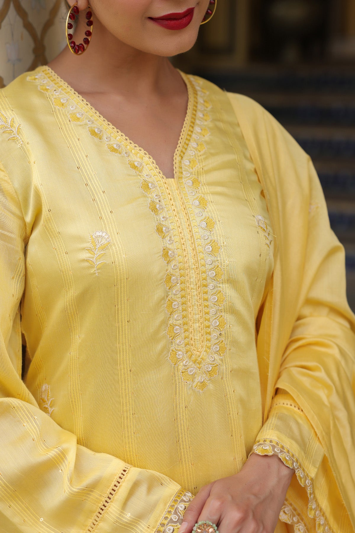 Pastel Yellow Chanderi Embroidered Farshi Suit Set With Dupatta