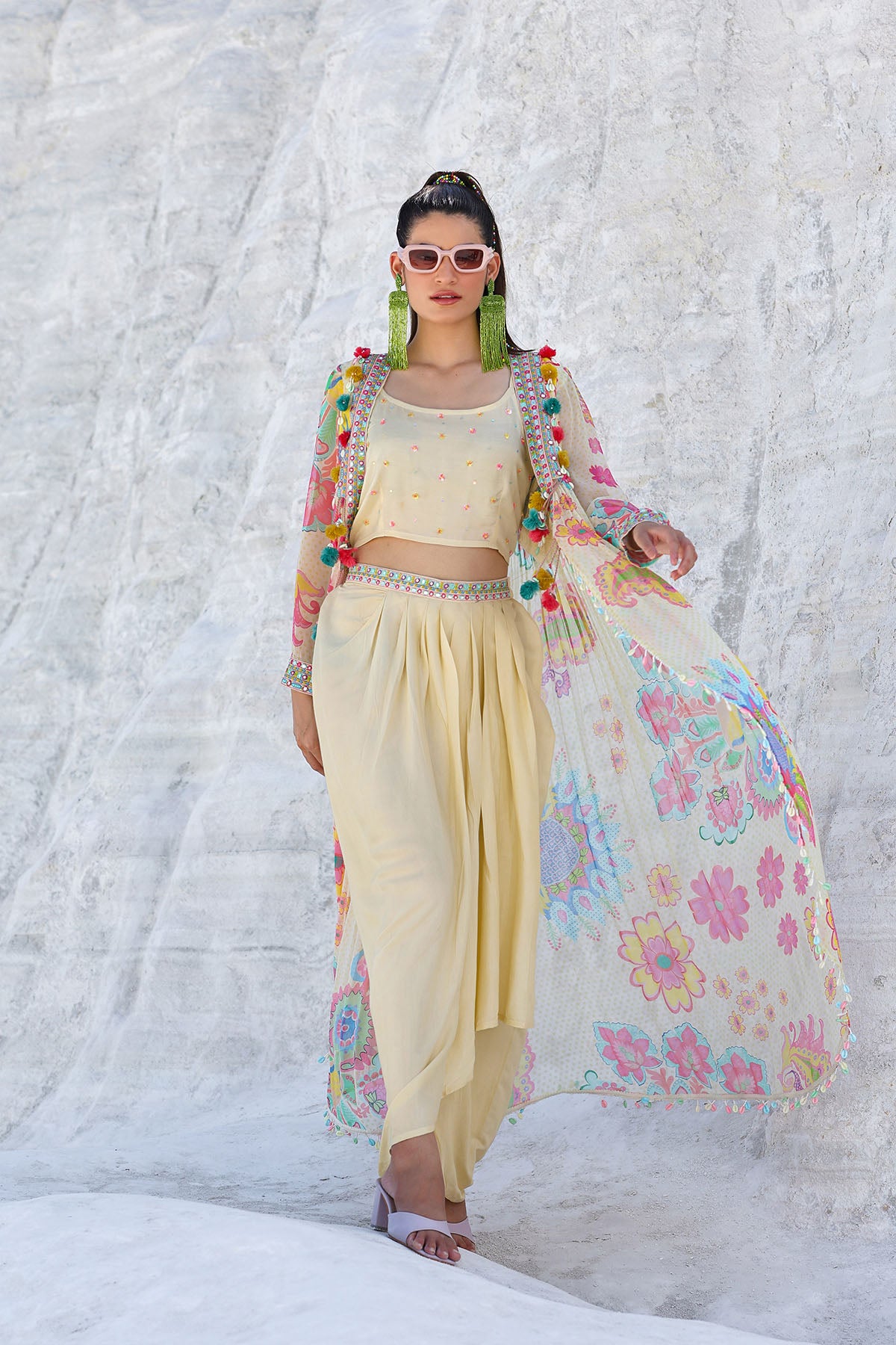 Cream Floral Chiffon Handwork Shrug Set