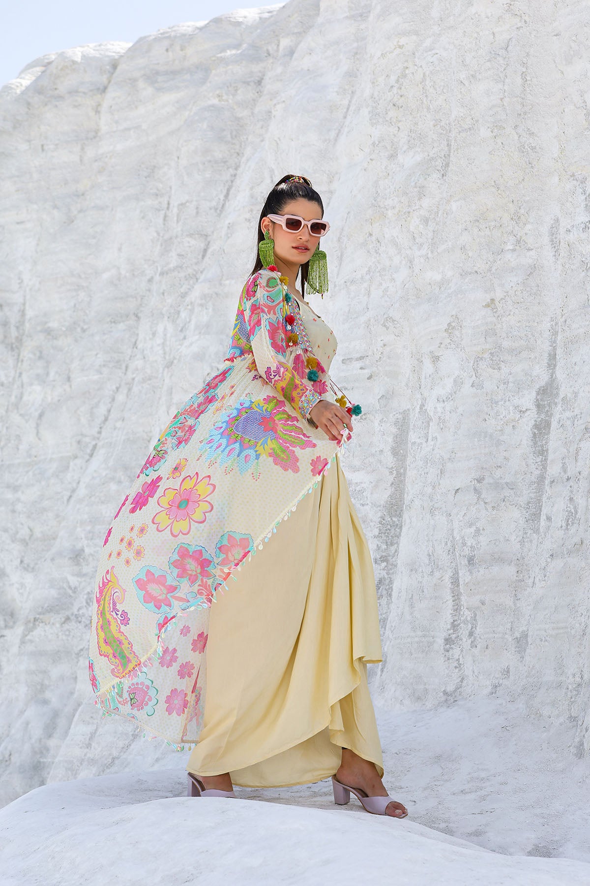 Cream Floral Chiffon Handwork Shrug Set