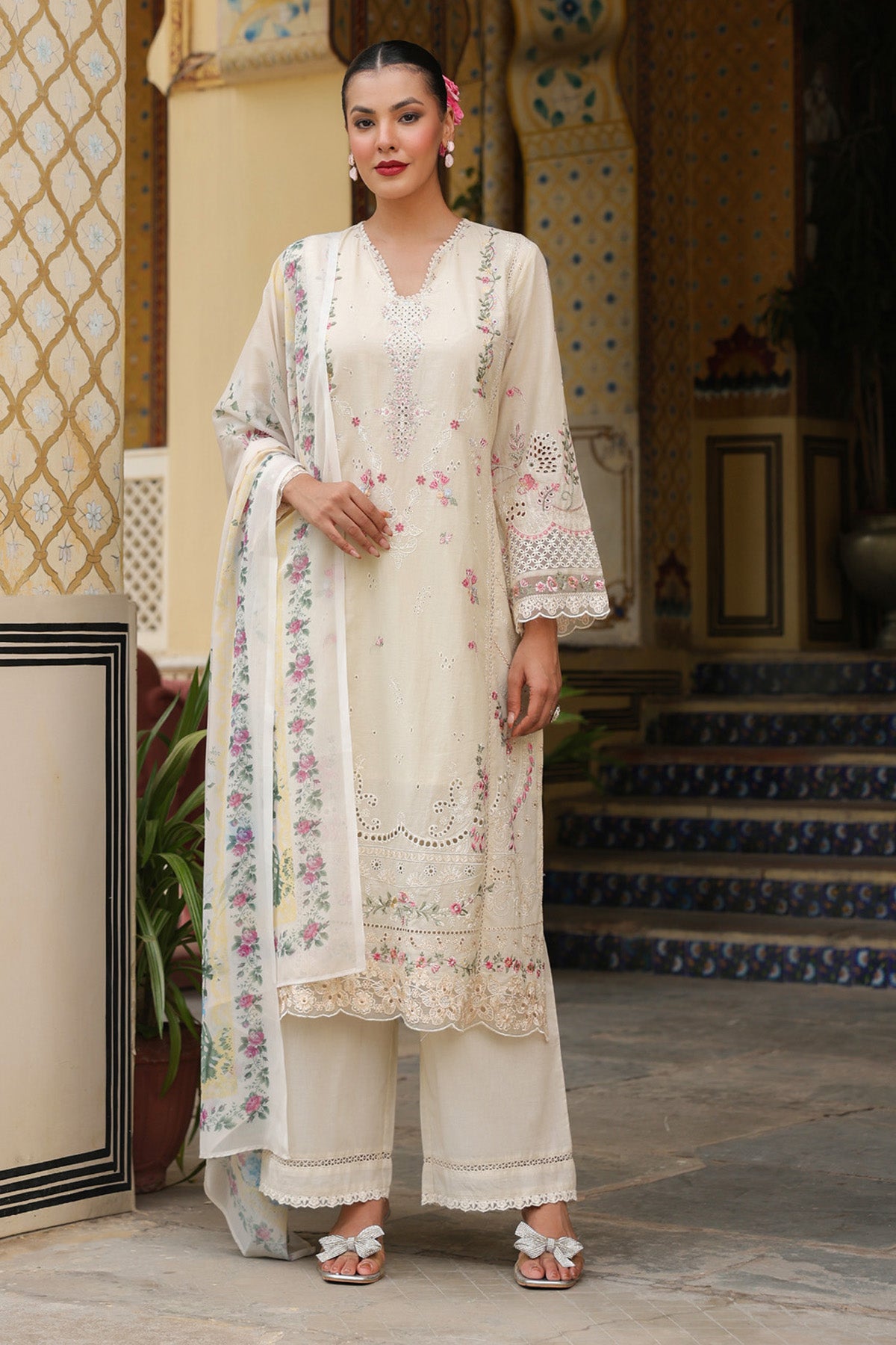 Ivory Cream Cotton Embroidered Straight Suit Set With Dupatta