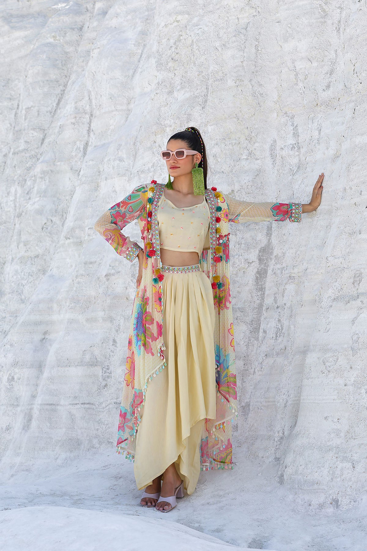 Cream Floral Chiffon Handwork Shrug Set