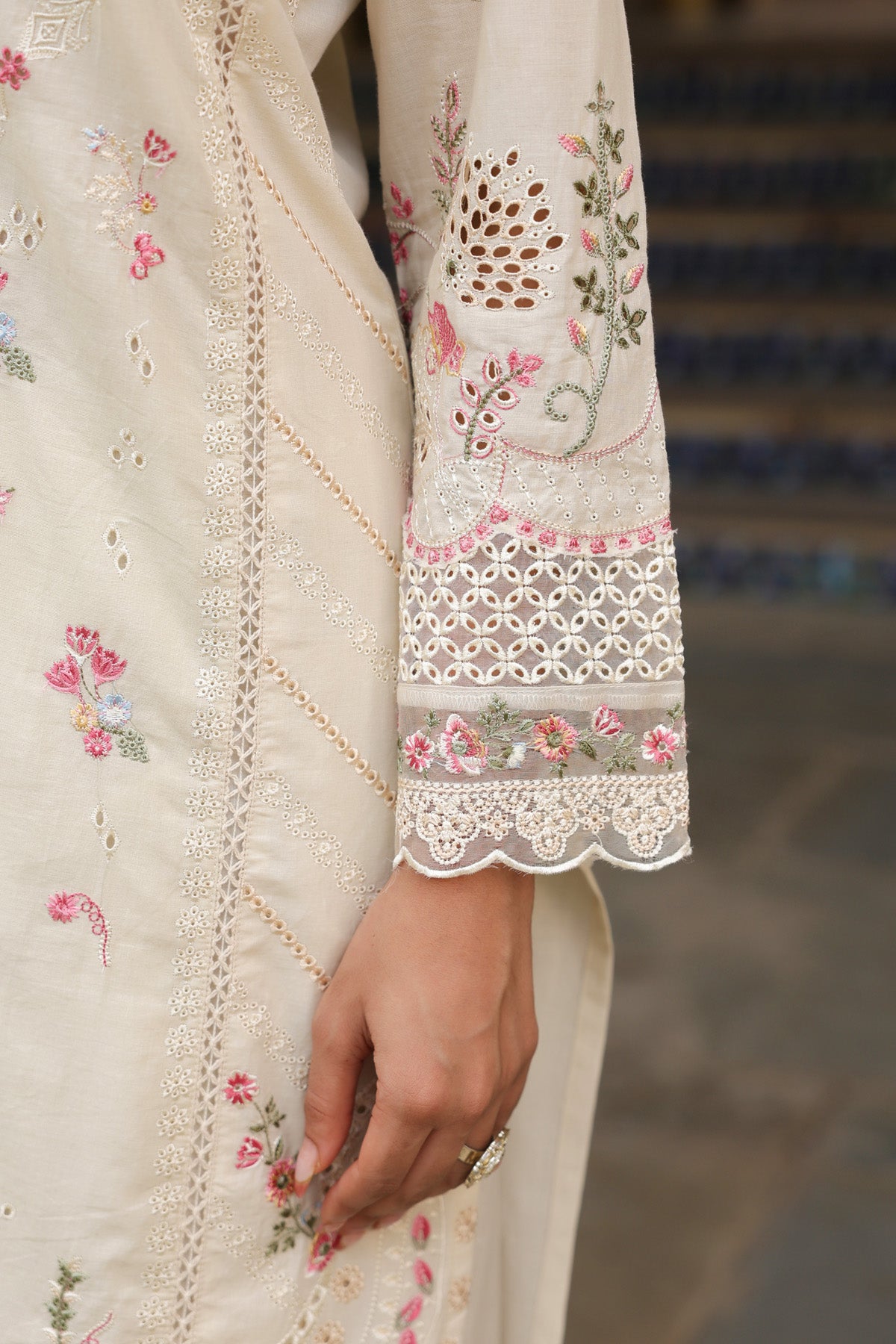 Ivory Cream Cotton Embroidered Straight Suit Set With Dupatta