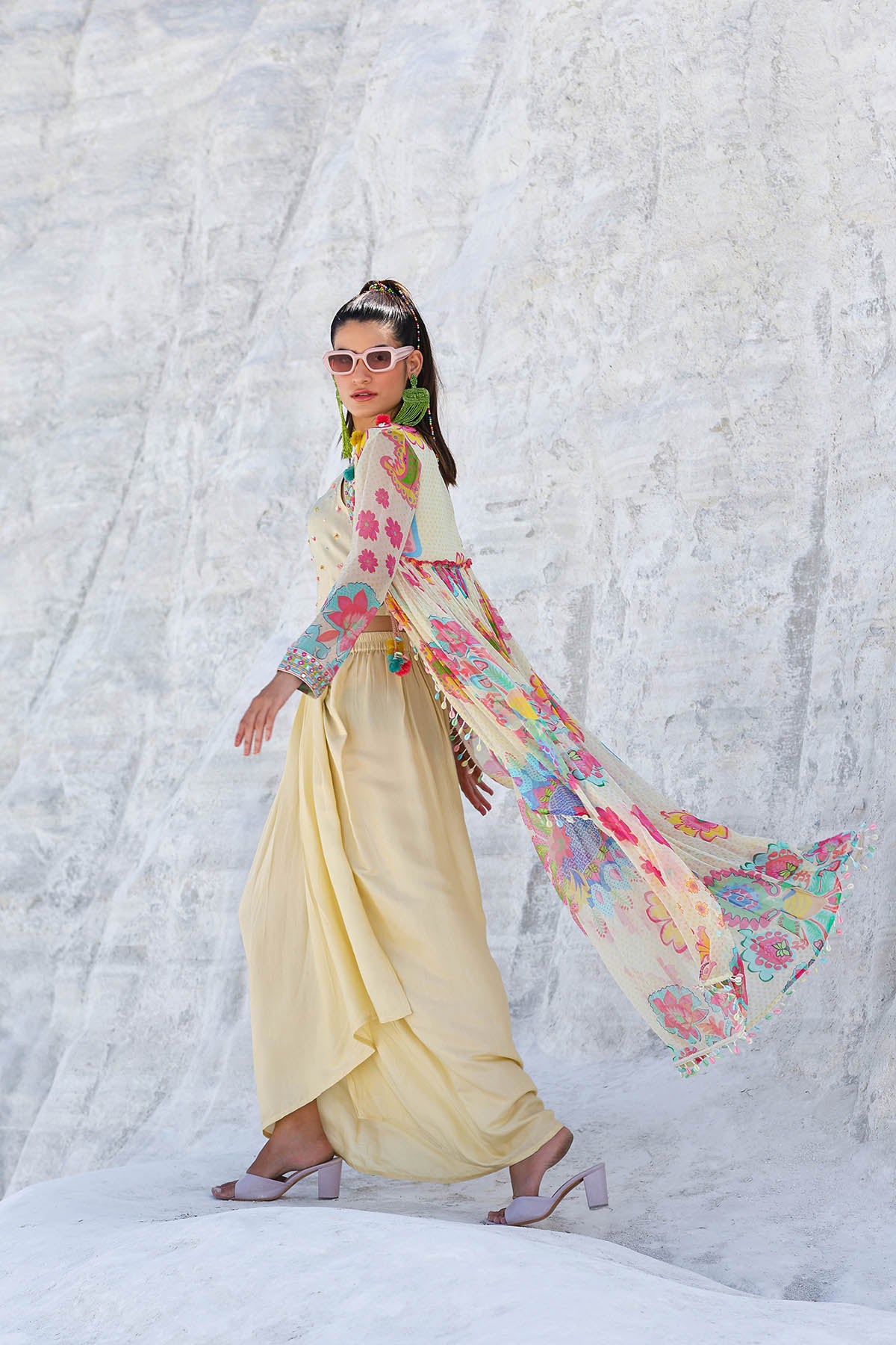 Cream Floral Chiffon Handwork Shrug Set