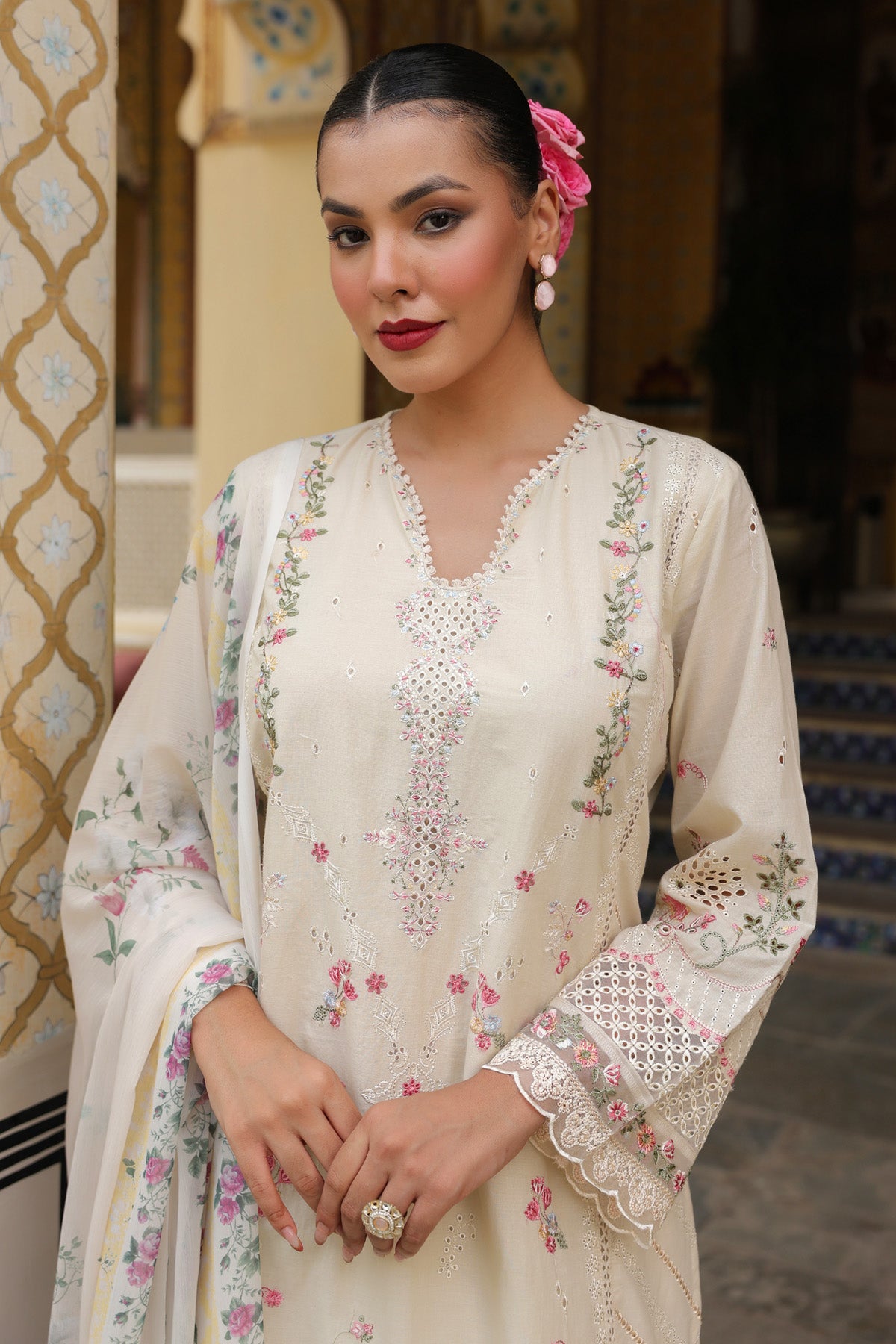 Ivory Cream Cotton Embroidered Straight Suit Set With Dupatta