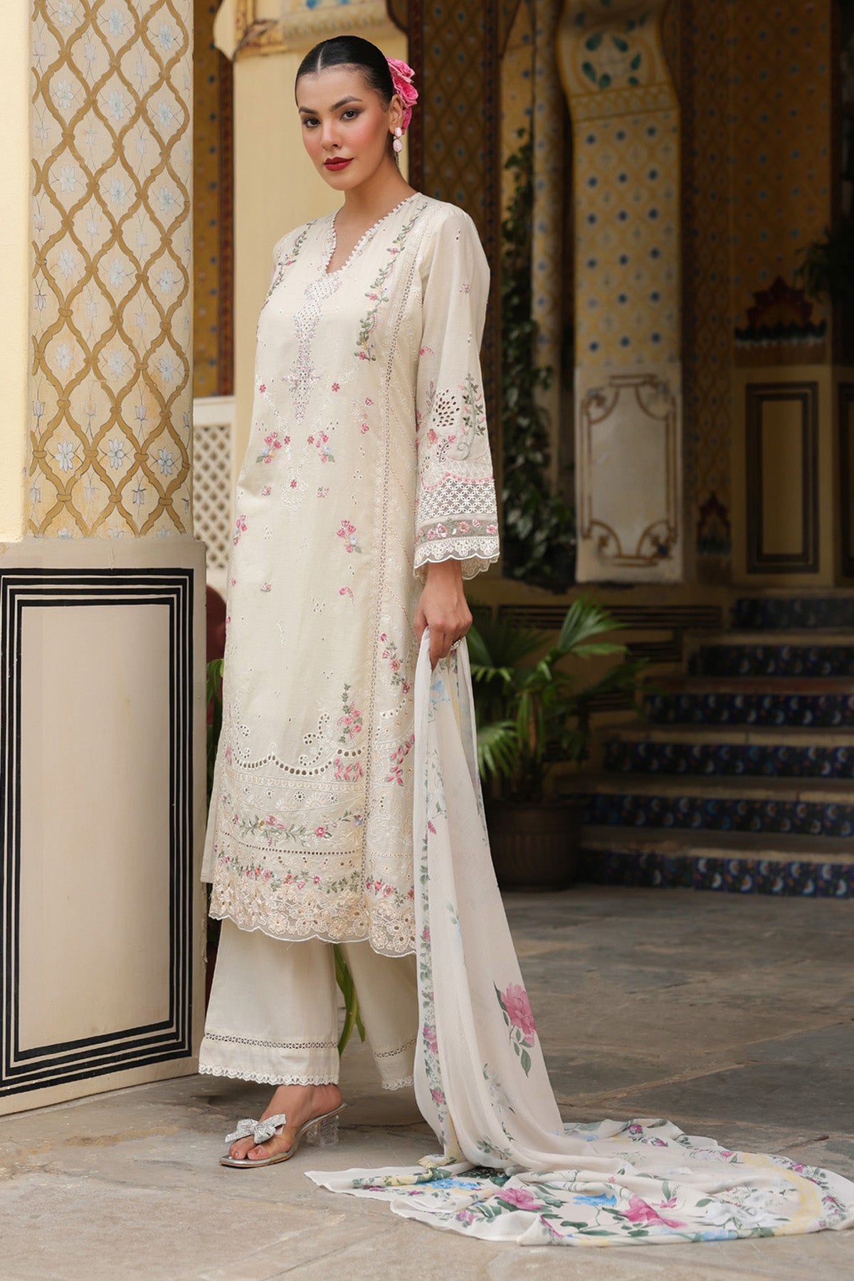 Ivory Cream Cotton Embroidered Straight Suit Set With Dupatta